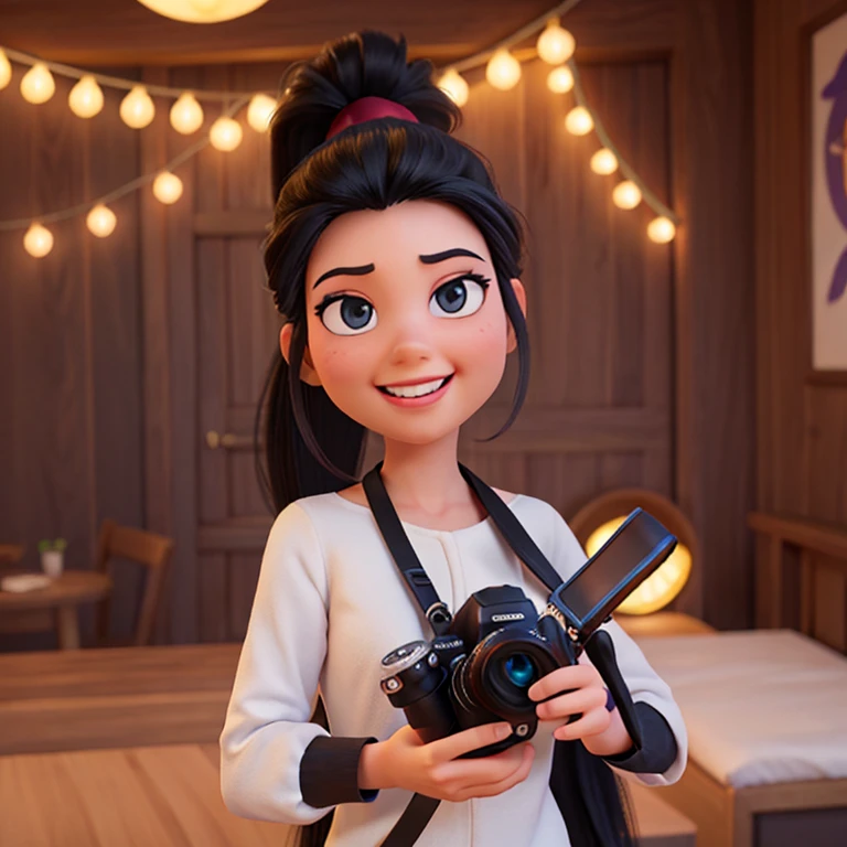 Pixar style portrait with 3D character of a woman with long black hair in a ponytail holding a canon camera, Maquillaje de Disney,hermoso, sonriente ,primer plano, Pixar, Disney, cinema lighting,