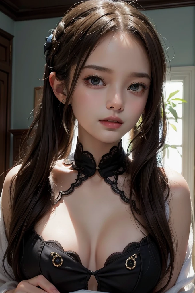 (best quality,4k,8k,highres,masterpiece:1.2), ultra-detailed, realistic:1.37, beautiful detailed eyes, beautiful detailed lips, extremely detailed eyes and face, long eyelashes, seductive gaze, pale skin turning pink, smile on her lips, messy bun hair tied in a black hairband, sexy woman with an alluring look, wearing alluring earrings, black v-neck t-shirt emphasizing her neck, captivating demeanor, enchanting expression, tempting charm, captivating beauty, elegance, seductive pose, beguiling presence.