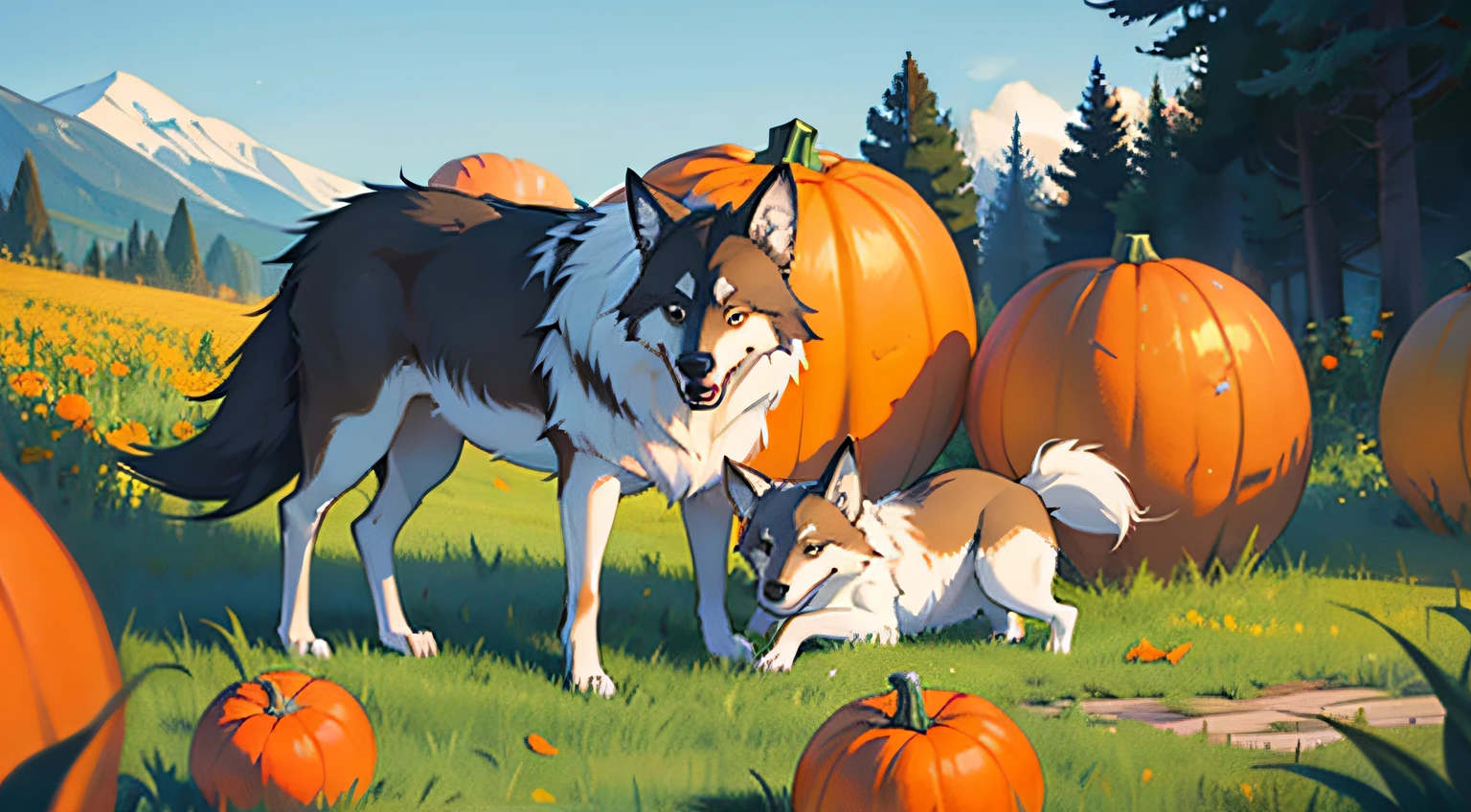 many pumpkin & wolf hybrid creature everywhere on the grass