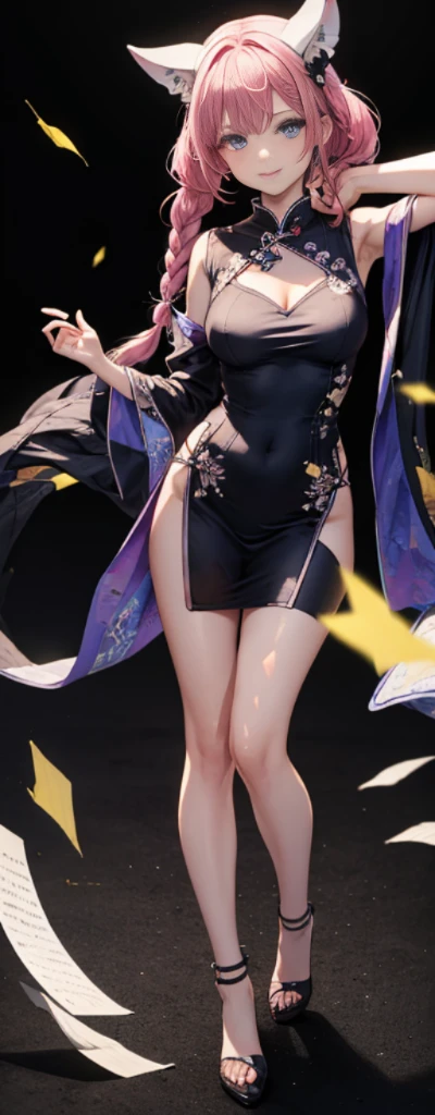 NSFW, 8K, RAW photo, ultra high res,(1girl:2.0), (photorealistic:1.4), black hair, smile, bright pupils, high detail, Realism, Fujicolor, image fill, viewfinder, Eye-Level Shot, 8k, super detail, UHD, retina, masterpiece, anatomically correct, textured skin, high details, high quality, award winning, best quality, high res, 16K, (Never split:2.0)、(10 head body:2.0)、(wonderful proportions:1.8)、(Full-body image:1.8)、(long and beautiful legs:1.6)、(Super high cut cheongsam:1.8)、(A slit that boldly cuts above the waist:1.8)、(((The most beautiful woman in Yokohama Chinatown is standing in a gorgeous cheongsam、Her cheongsam is decorated with beautiful embroidery and gilded ornaments to further enhance her charm.、The dress fits snugly to the body and beautifully emphasizes its curves.、Her hair is flowing black and fluttering gracefully in the wind、Her face is Rui々She is full of good looks and her eyes have a deep charm.、Delicate eyebrows、A momentary mesmerizing blink、The delicate smile on her lips brings a special shine to her face、Her proportions are just ideal and her cheongsam fits as if to wrap around her beautiful body.、Her graceful, curvaceous waist and beautiful long legs accentuate the beauty of the dress with deep slits.、His attitude is confident and self-sincere, and he fascinates those around him like a walking flower.、The appearance of that beautiful woman in Yokohama Chinatown is like a dream and shows the ultimate in beauty.)))、(((auspicious々She has a dazzling appearance with good looks and flowing black hair.、Boasting perfectly harmonized proportions, the cheongsam fits her body perfectly and enhances her beauty.)))