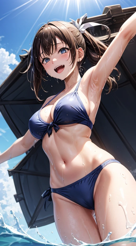 (masutepiece:1.3), (absurderes:1.3), (Best Quality:1.3), hand of Guido Daniele, (Ultra-detailed:1.3),(Best Shadow:0.7), (Handle Hair), 1girl in, Solo, SH1, Shizuku Sakurazaka、from below looking up、Large breasts, cleavage, Brown hair、asymmetrical bangs, Blunt bangs,poneyTail、White ribbon、 Eye color is light blue、Wink、Close one eye、Hair Ornament, Universal smile、Open mouth, (Wet, Wet_Clothes, Wet_Shirt, Oily skin),(Light blue bikini、frilld)、raise arms、Show armpits、Drop hips、Standing、Spread your legs from side to side、big butts、Bite、Inter-strands、Sunlight, Bright sky, Blue sky with clouds, the wind, god rays, llight rays,