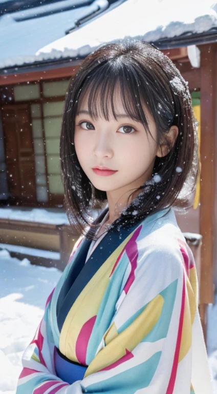 (Kimono)、、(top-quality,​masterpiece:1.3,超A high resolution,),(ultra-detailliert,Caustics),(Photorealsitic:1.4,RAW shooting,)Ultra-realistic capture,A highly detailed,high-definition16Kfor human skin、 Skin texture is natural、、The skin looks healthy with an even tone、 Use natural light and color,One Woman,japanes,,kawaii,A dark-haired,Middle hair,(depth of fields、chromatic abberation、、Wide range of lighting、Natural Shading、)、、(Falling snow:1.3)、(Hair swaying in the wind:1.2)、(Snow reflects light:1.3)