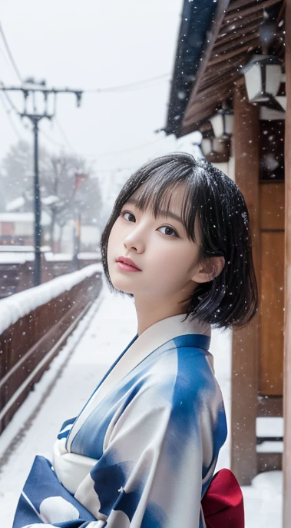 (Kimono)、、(top-quality,masterpiece:1.3,超A high resolution,),(ultra-detailliert,Caustics),(Photorealsitic:1.4,RAW shooting,)Ultra-realistic capture,A highly detailed,high-definition16Kfor human skin、 Skin texture is natural、、The skin looks healthy with an even tone、 Use natural light and color,One Woman,japanes,,kawaii,A dark-haired,Middle hair,(depth of fields、chromatic abberation、、Wide range of lighting、Natural Shading、)、、(Falling snow:1.3)、(Hair swaying in the wind:1.2)、(Snow reflects light:1.3)