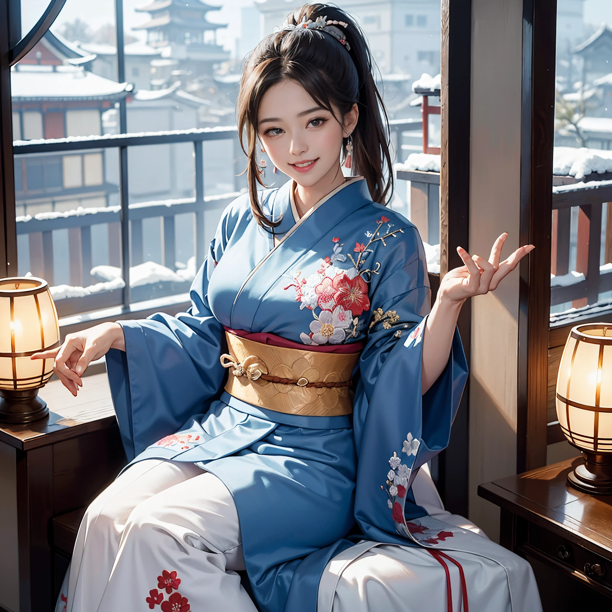 Background of details(Outside the window is the snowy city of Kyoto),BREAK ,elaborate costume(Luxurious Japan kimono(Colorful kimono(detailed embroidery))),BREAK,(one beautiful adult woman(huge smile:1.5)(Japanese actressl)(A dark-haired:1.2(long hair ponytail:1.2)(inner colored(reddish)))(eye glass)),(She has a beautiful hairpin),BREAK,Wallpapers 16K,Blur the background,)(masutepiece,Best Quality,Portrait photos):1.5),full body Esbian