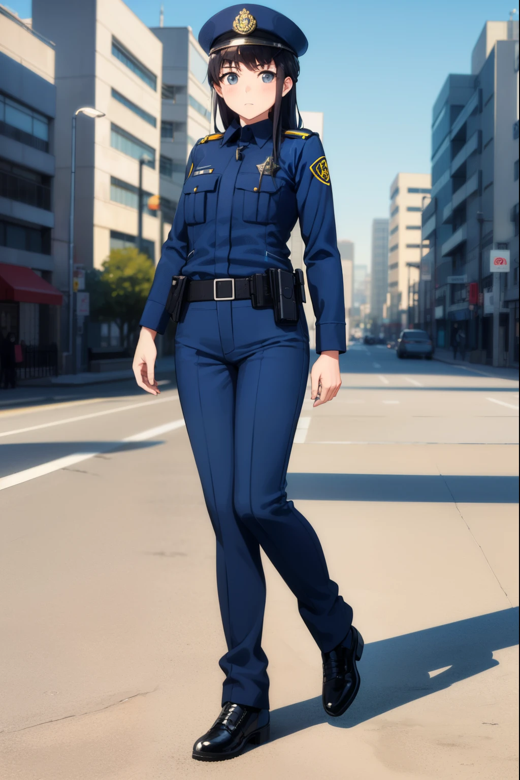 Cute girl, policewoman, wearing police uniform, full body, police, in-depth details,winter season, pistol, Iraqi police clothing