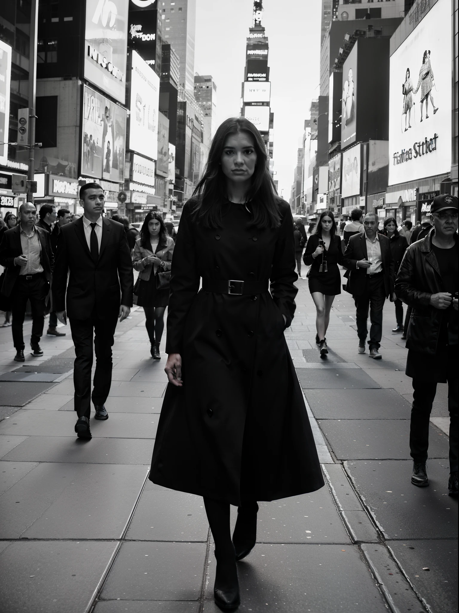 araffe woman walking down a busy city street in a dress, a black and white photo inspired by Peter Lindbergh, tumblr, digital art, in time square, standing in time square, street photo, 4x5 styled street photography, street photography style, shot with hasselblad, in times square, shot on hasselblad, street photograph, street photography, mesmerizing