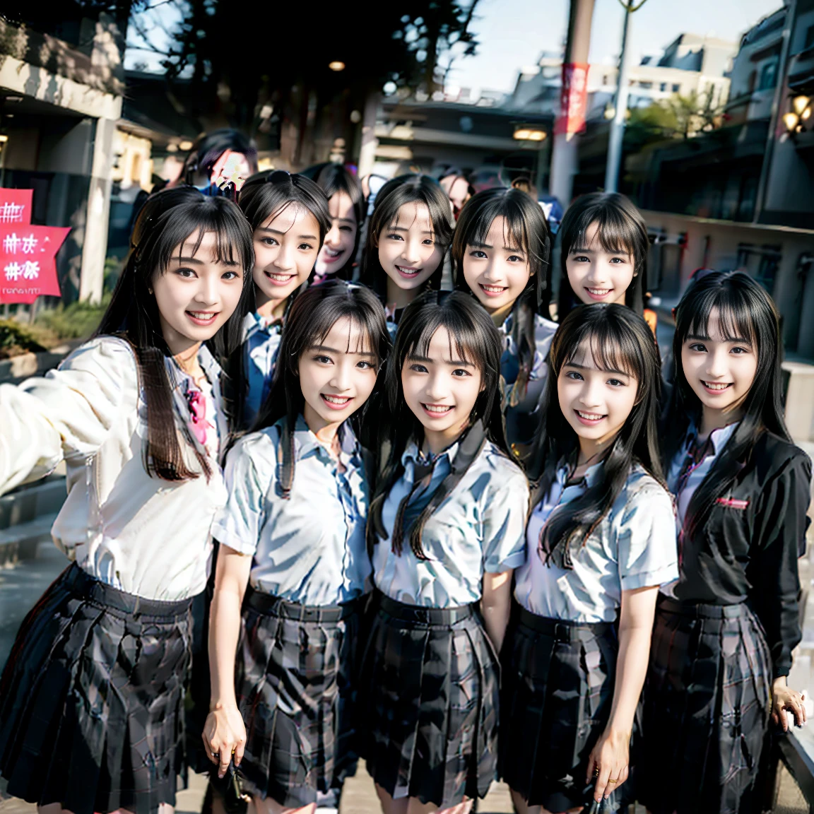 a picture、(((multiple girls))),((((6+girls))))、((10 girls))、The same face、matching school uniform、12 years old、Long black hair、10 cute girls、a smile、Selfie stick、Classroom、Raw photo、same person、Doppelganger、(group portraits)、a junior high school student