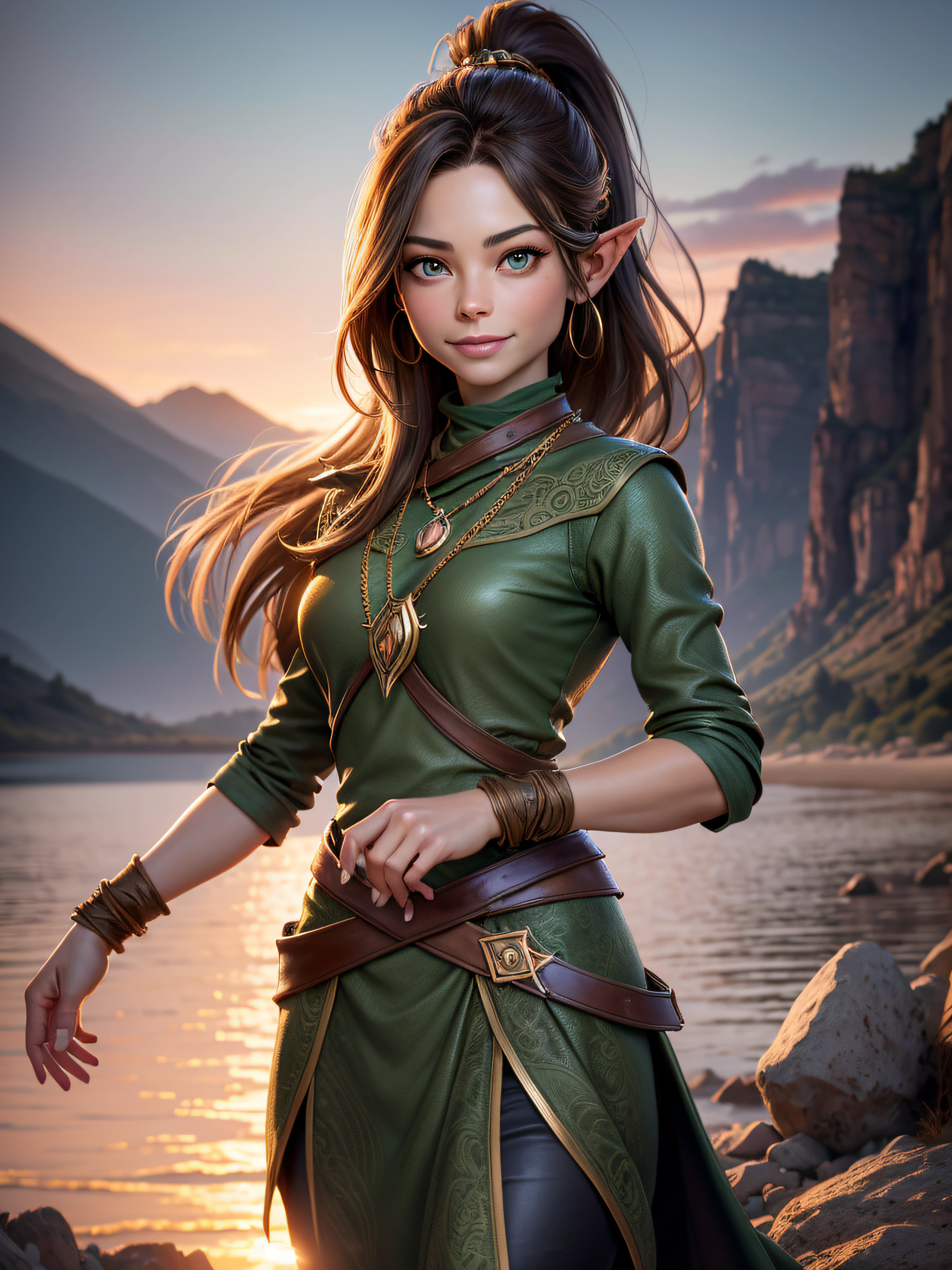 Kristin Kreuk with ponytail and green eyes is an elf dressed in green and brown leather clothes all alone, holding in her hand a neck chain with a golden (finger-sized) ring attached to it. Looking at the spectator. beautiful smile. Sunset lighting. Mountains in the background. Nature in paroxysm. full body, Kinematic lighting, Angle dynamique, jolis yeux détaillés. (Texture naturelle de la peau, hyperrealism, Soft Light, clair: 1.2), (intricate high detail: 1.12), hdr masterpiece, best Quality, (highly detailed photo: 1.1), 8k.
