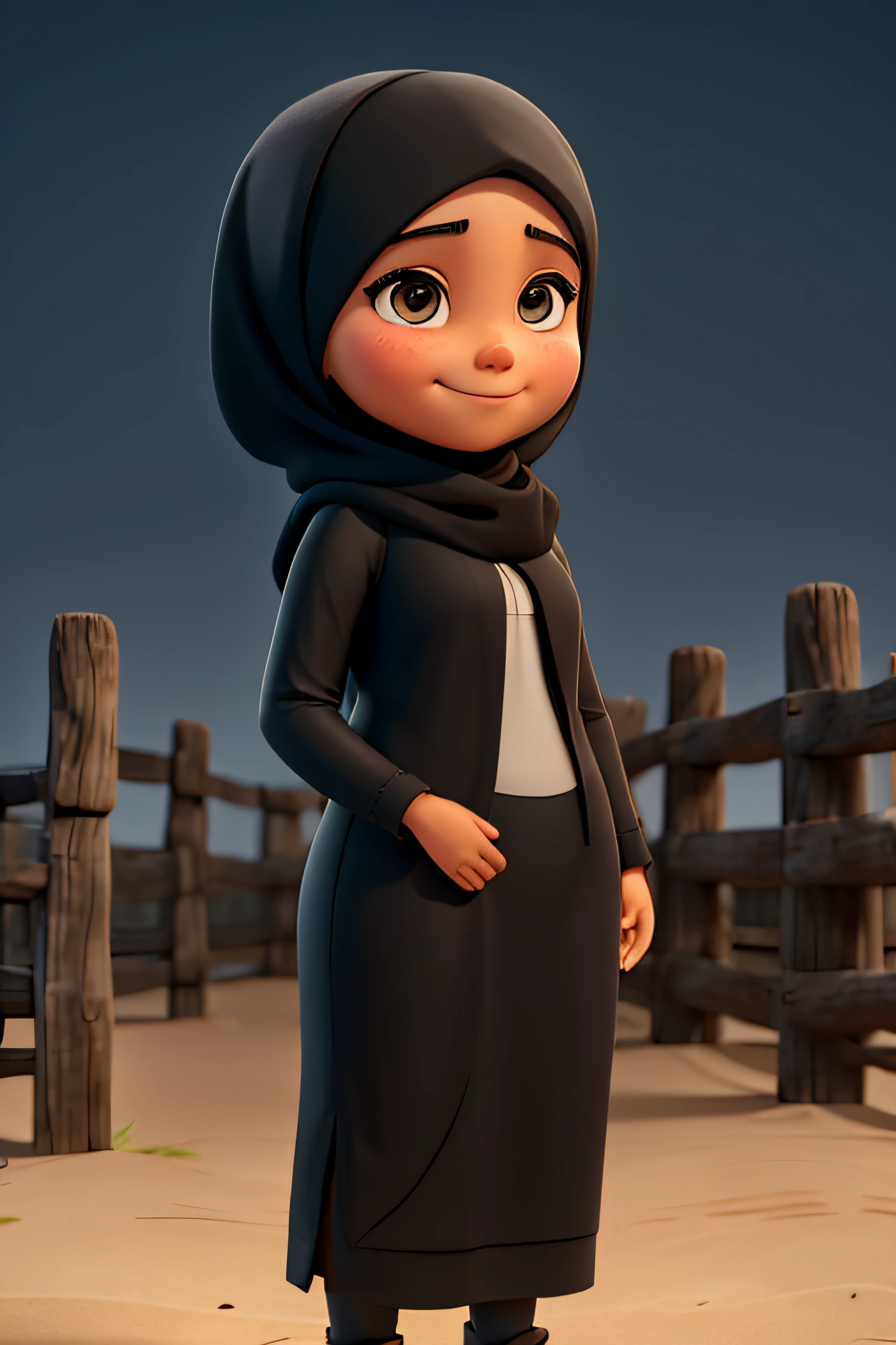 a happy girl, wearing black hijab , tan skin, chubby face, portrait, looking straight to the camera, marry go round in the background, glowy skin, nighttime.