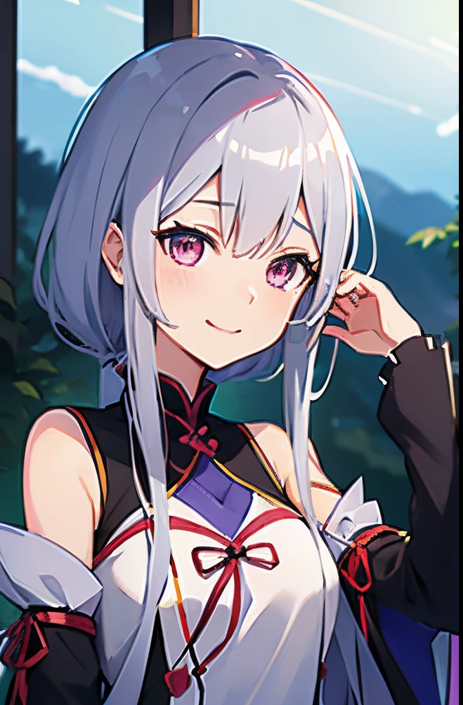 femele,Hyakki Ayame,Shisaki Shion,silber hair,a smile,Viola,short,hight resolution,in isekai,Rezero,Emilia