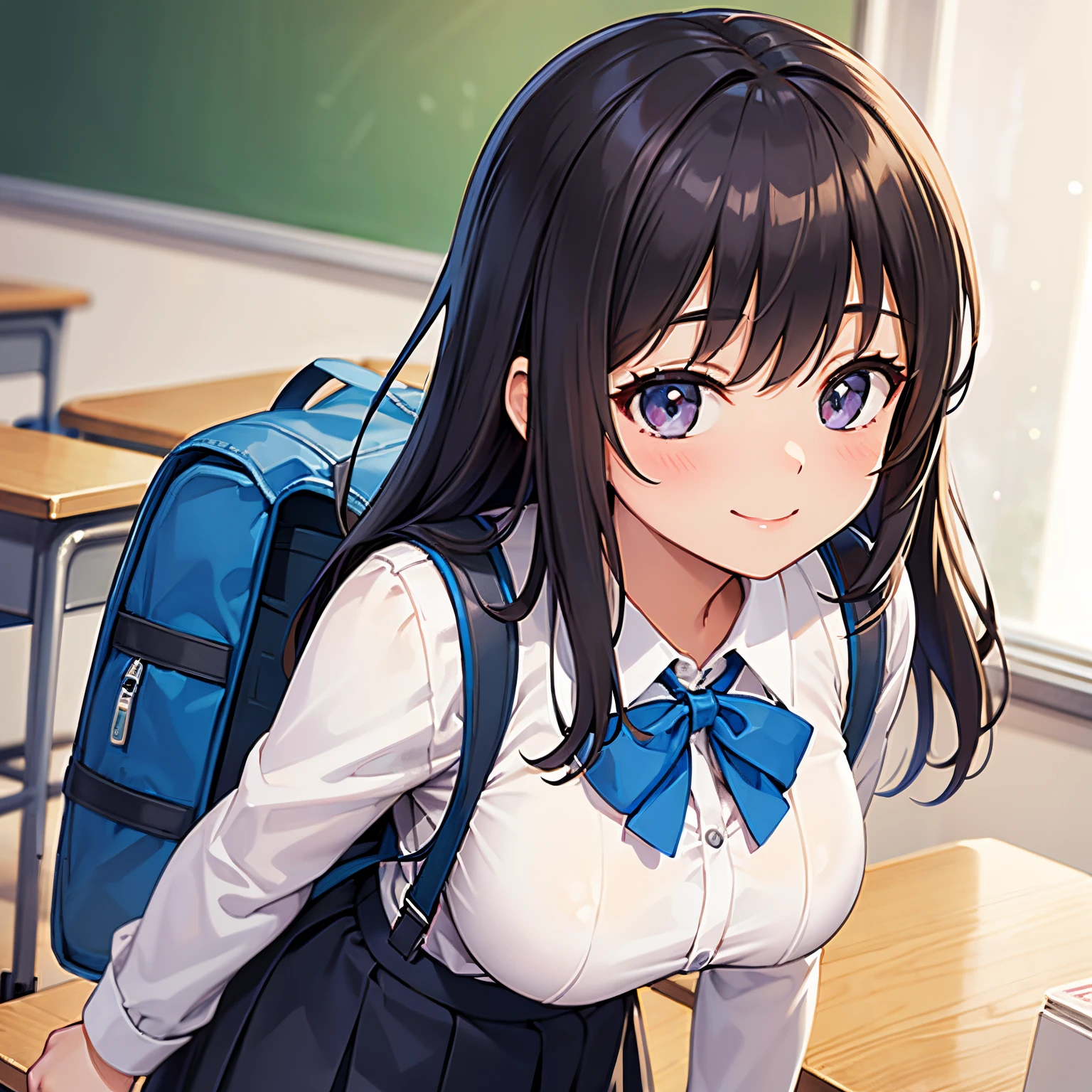 high school girl, with back pack, cute , closeup, smiling, hyper realistic, extra quality, classroom, uniform, busty