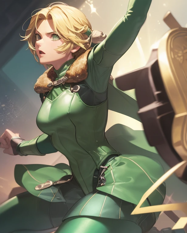 masterpiece, best quality, ingrid_timeskip, armor, fur trim, green cape, greaves, hair ribbons, green gloves, ((Tight leotard)), ((sexy pose)), ((Wrestling ring))