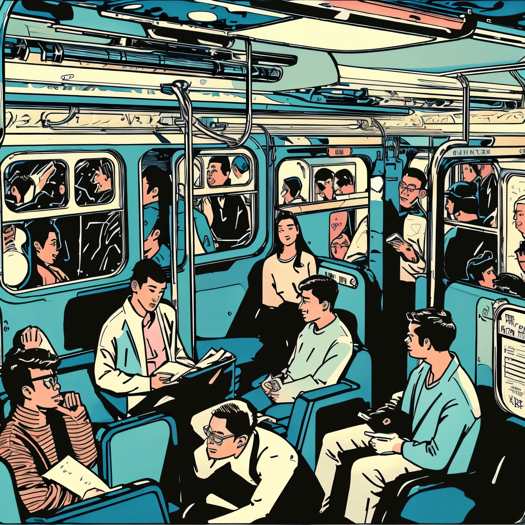 Illustration high quality、On the train、All middle-aged men