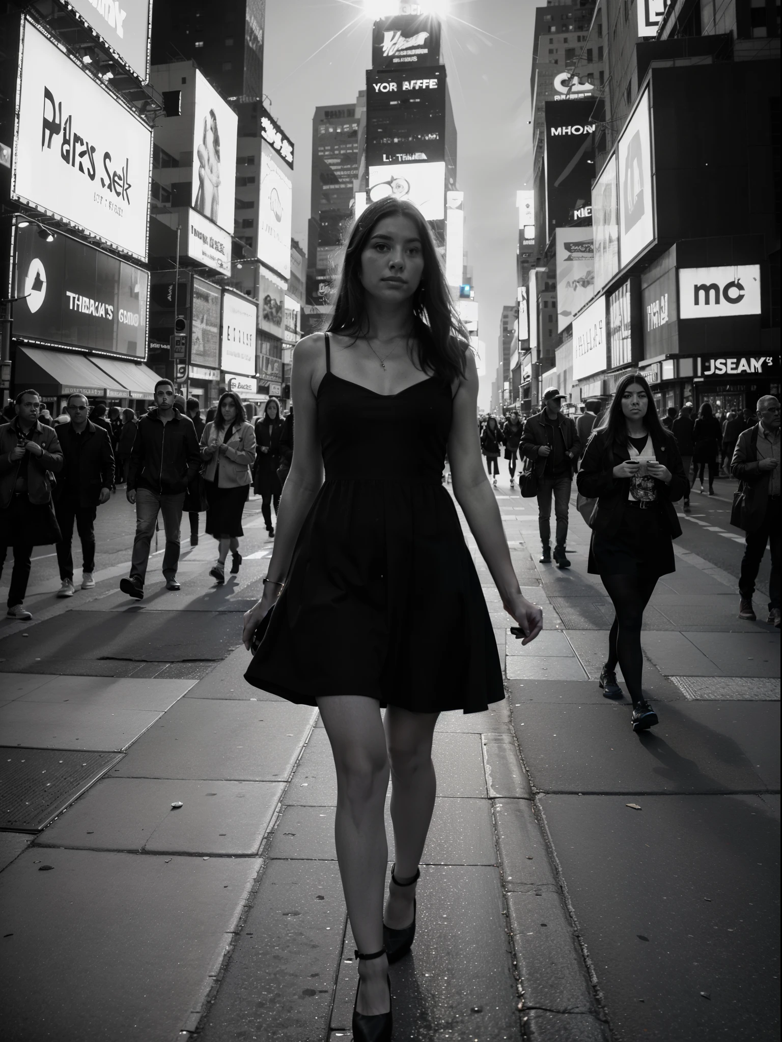 araffe woman walking down a busy city street in a dress, a black and white photo inspired by Peter Lindbergh, tumblr, digital art, in time square, standing in time square, street photo, 4x5 styled street photography, street photography style, shot with hasselblad, in times square, shot on hasselblad, street photograph, street photography, mesmerizing, (((long exposure))), (lens flare)