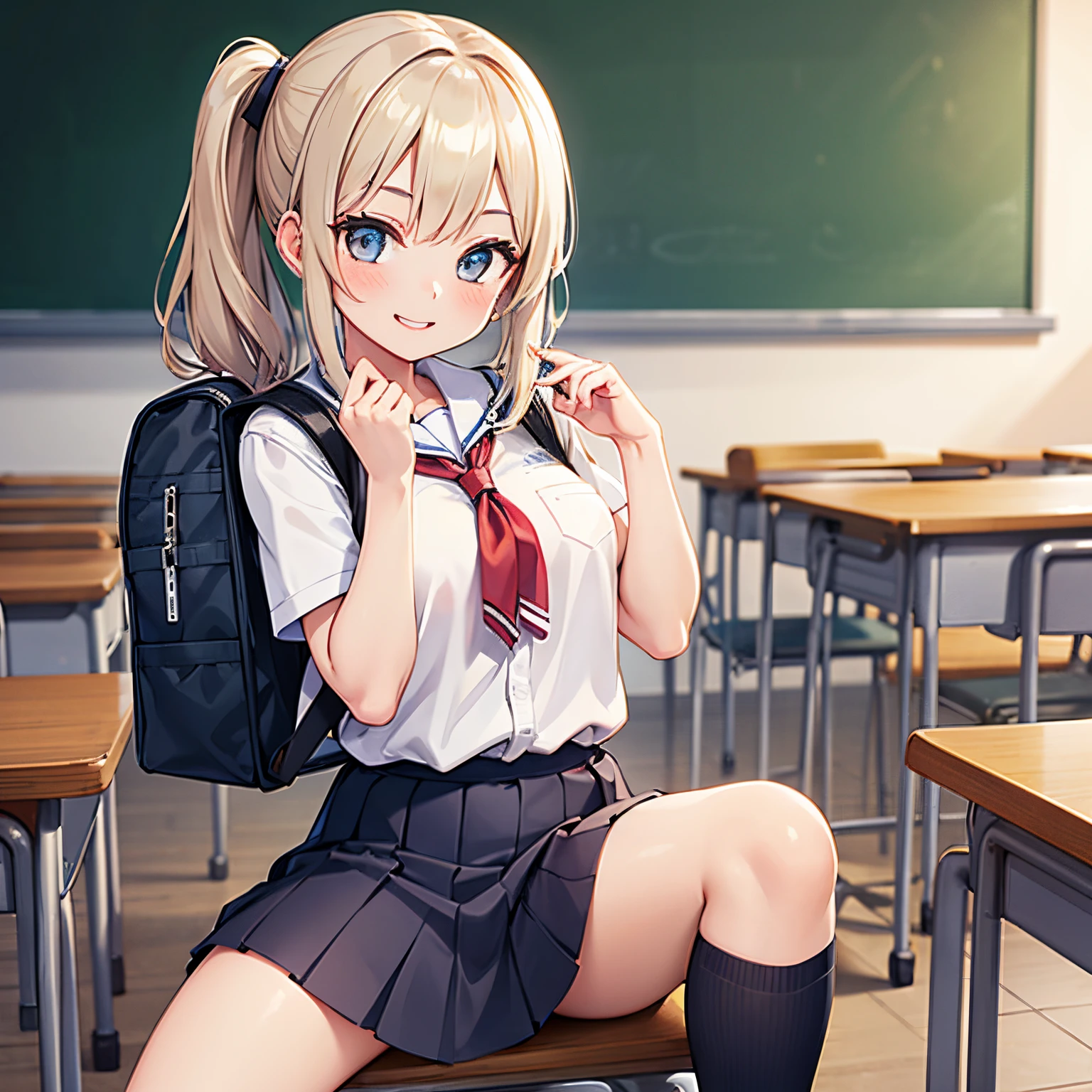 highest quality、masterpiece、((1 girl:1.5))、(())、(blush:1.5)、(smile)、((fun!!))、cute、Ahoge、(Blonde)、、high school girl、((classroom:1.5))、(single braid)、sit on the ground with your knees up、Kamimei、look at me、(No underwear:1.3)、((Shaved:1.5)), ((Red bow tie, , Black jacket, Open jacket, White cardigan, White shirt, Black Skirt, Checkered Skirt、Black socks))、 (No underwear:1.3)、((Shaved:1.5))、(highly detailed closed labia:1.5)、((Peeing is occurring:1.8))、peeing、Light blue eyes、