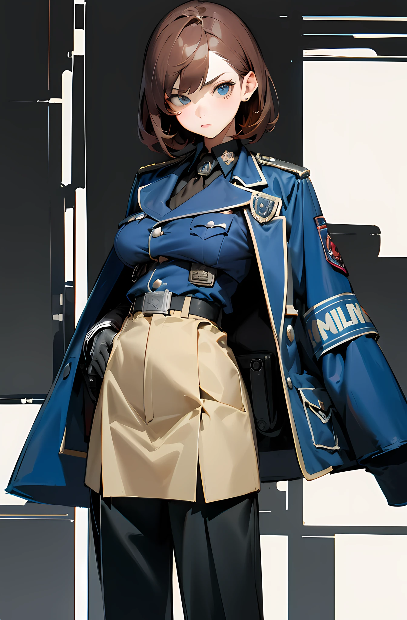 1girl, adult woman, short red/brown hair, blue eyes, stern look, athletic build, medium breasts, wearing military style blue police tunic, military cut trousers, blue military coat, scanner device over 1 eye, office, absurdes, high res, ultrasharp, 8k, masterpiece, looking at viewer