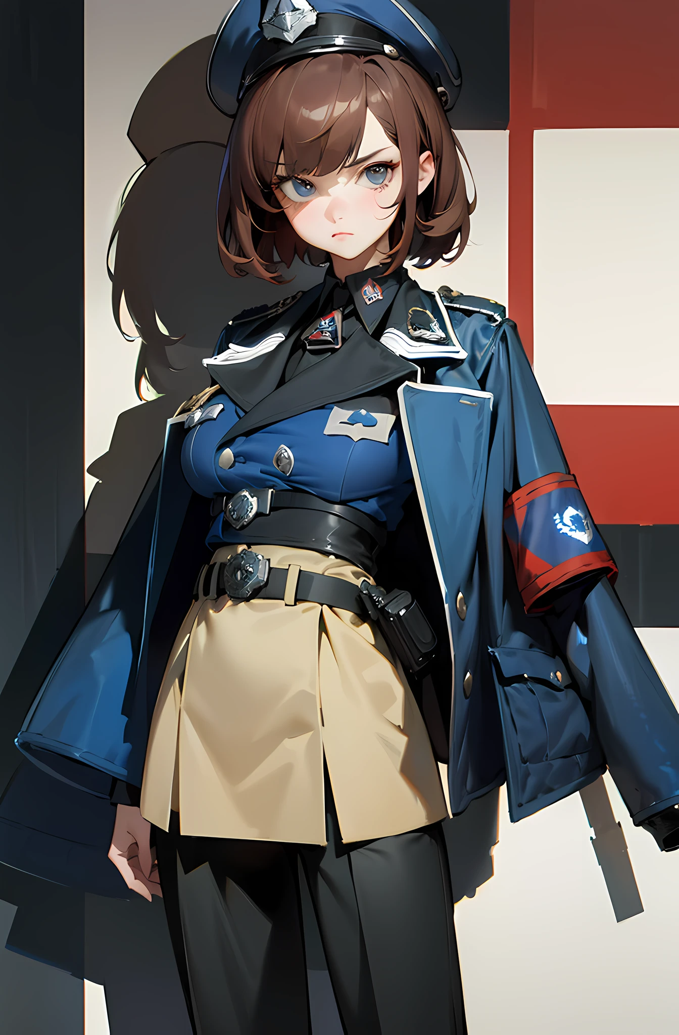 1girl, adult woman, short red/brown hair, blue eyes, stern look, athletic build, medium breasts, wearing military style blue police tunic, military cut trousers, blue military coat, scanner device over 1 eye, office, absurdes, high res, ultrasharp, 8k, masterpiece, looking at viewer