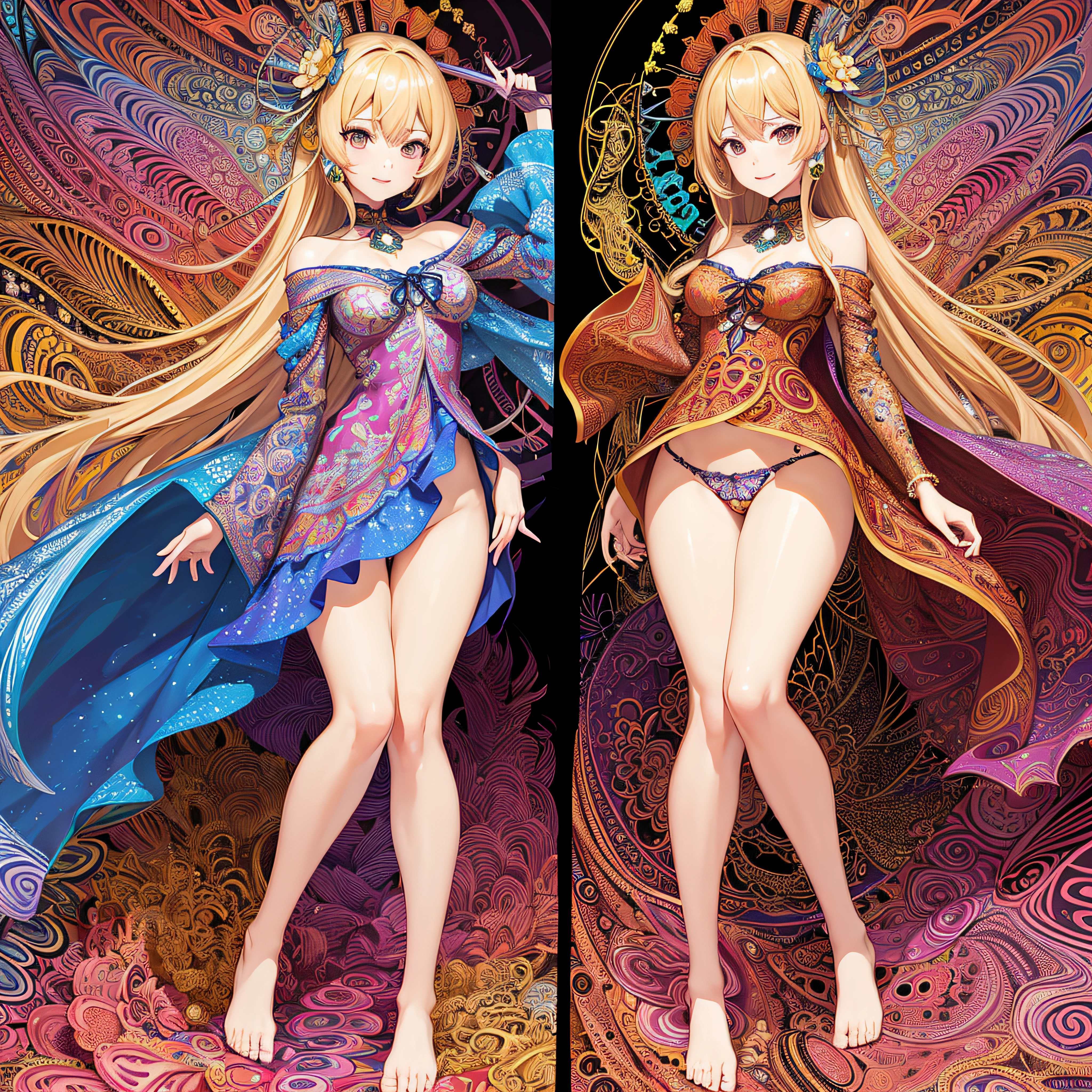 (masutepiece, of the highest quality, Best Quality, Official art, Beautiful and aesthetic:1.2), (1girl in:1.3), Extremely detailed,(Fractal Art:1.2),Colorful,highest details,(Zentangle:1.2), (Dynamic Pose), (Abstract background:1.5), (Congressional Dresses:1.2), (Shiny skin), (Many colors:1.4), Upper body, Thin gauze, Off-the-shoulder, blooming flower field, Glowing skin, lightsmile, Camel toe, Sexy, Bust, nakeness,From below,Ass Up wAIT
