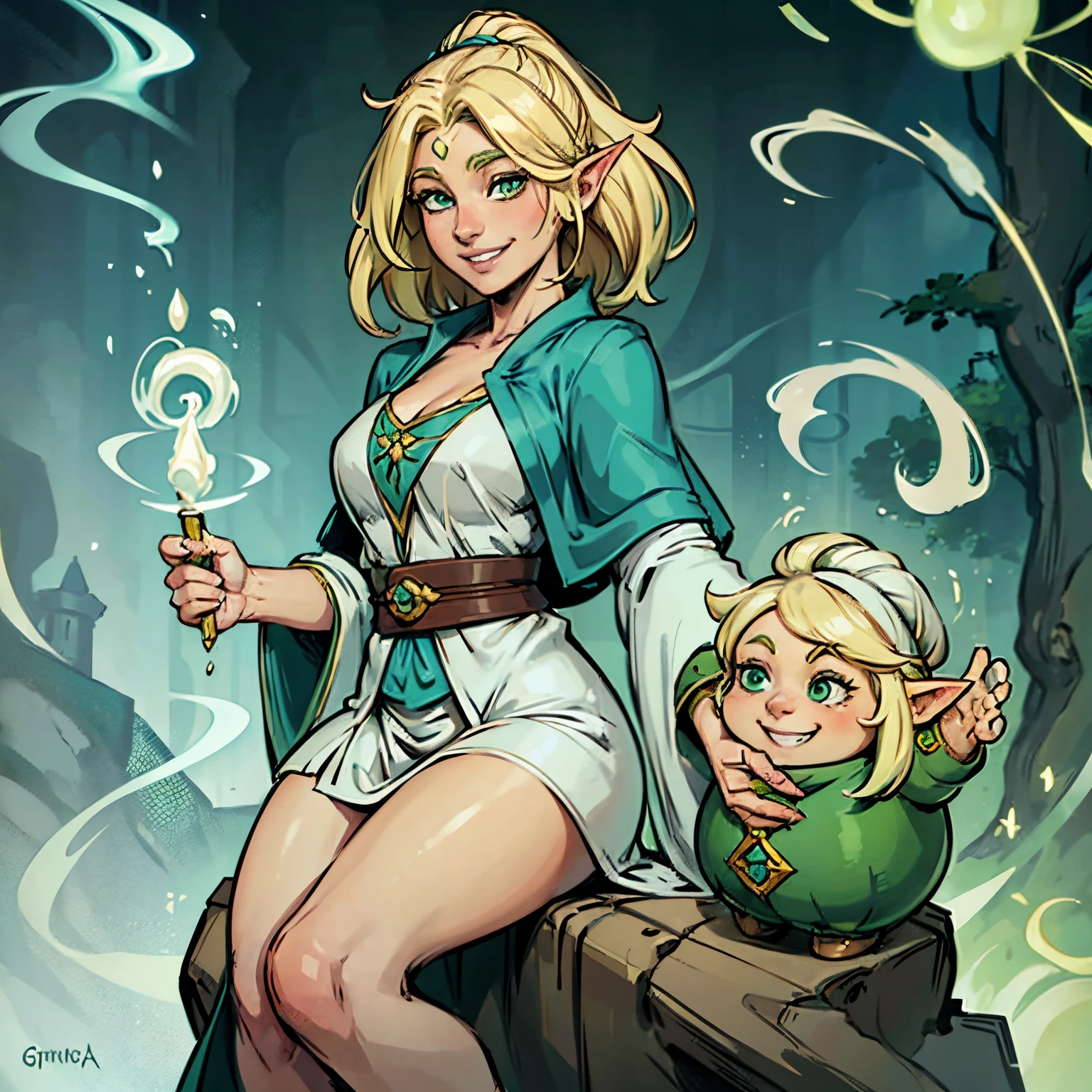 Female gnome who is magical. Has blonde hair and green eyes. Wearing a teal and cream colored robe with black and green magical auras surrounding her. Has a smiling adventureous grin