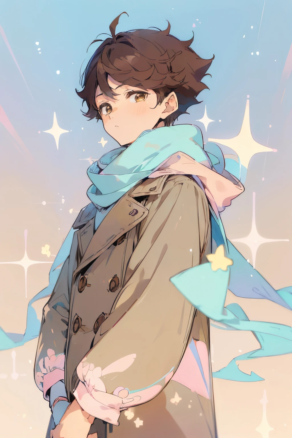 oikawa tooru,(((handsome))),kawaiitech,coat,scarf,stars,hearts,pastel colors,kawaii colors,soft colors,cute,(((brown eyes))),brown hair,sunny day, blue sky