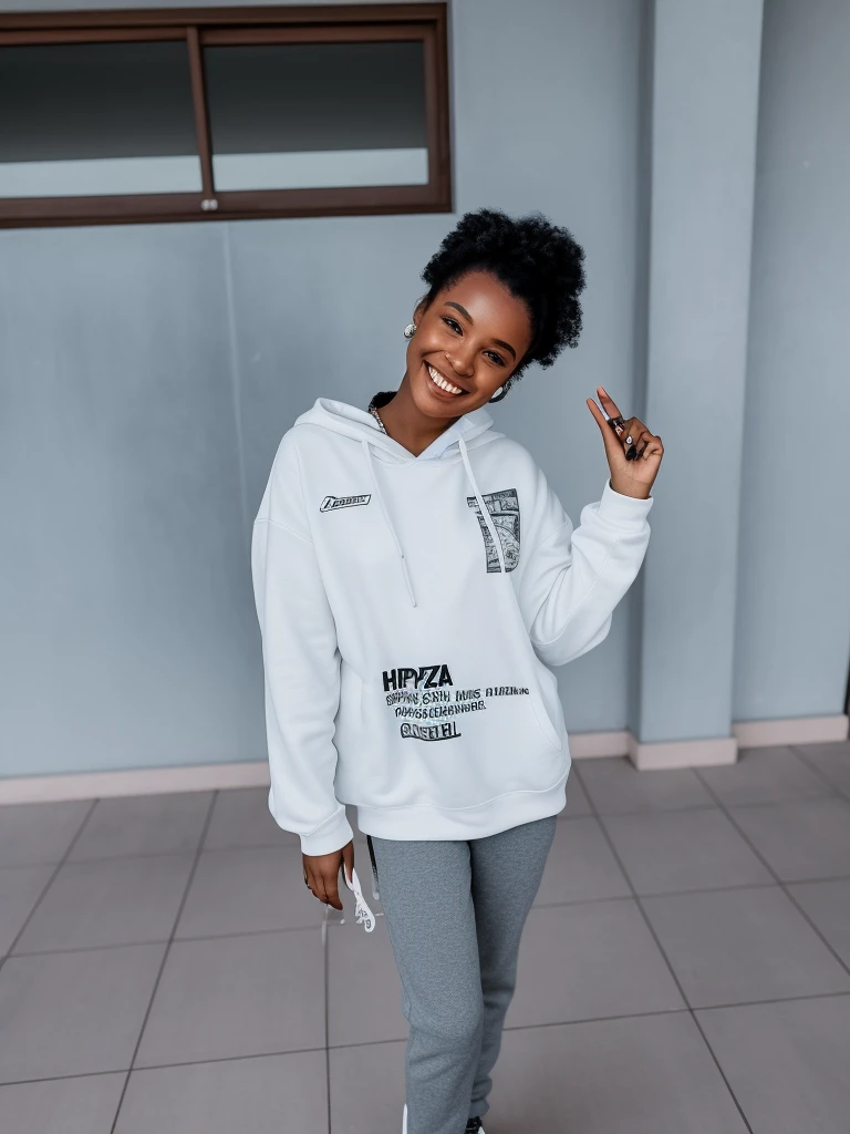 There's a woman standing on a skateboard in a room, menina vestindo capuz, mulher no streetwear, mulher jovem negra, usando um capuz oversized, ela expressando alegria, desgaste - estilo branco, jovem mulher negra, menina de cabelo preto vestindo capuz, she is wearing streetwear, foto de uma mulher negra, with a happy expression, Vencedor do concurso Pexels, negra