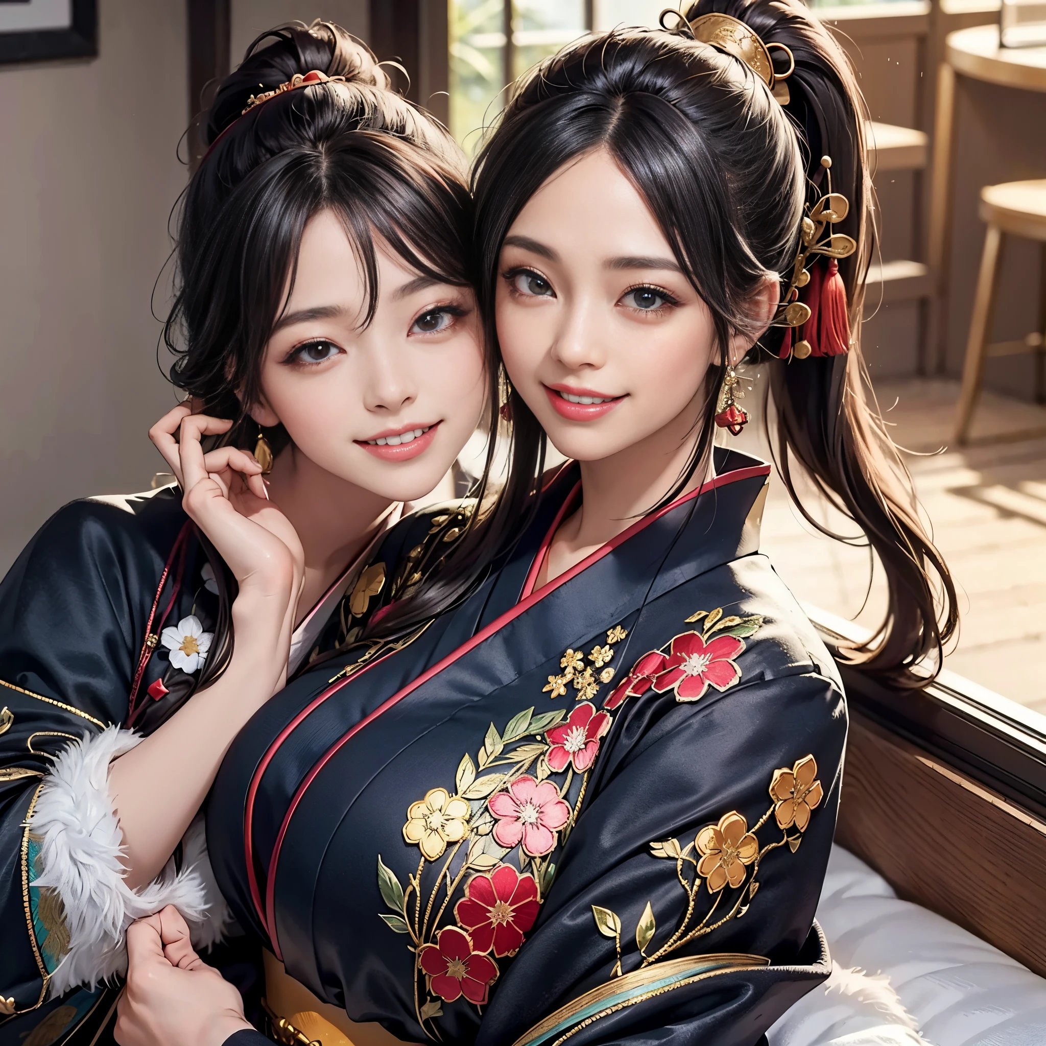 Background of details(Outside the window is the snowy city of Kyoto),BREAK ,elaborate costume(Luxurious Japan kimono(Colorful kimono(detailed embroidery))),BREAK,(one beautiful adult woman(huge smile:1.5)(Japanese actressl)(A dark-haired:1.2(long hair ponytail:1.2)(inner colored(reddish)))(eye glass)),(She has a beautiful hairpin),BREAK,Wallpapers 16K,Blur the background,)(masutepiece,Best Quality,Portrait photos):1.5),face close-up
