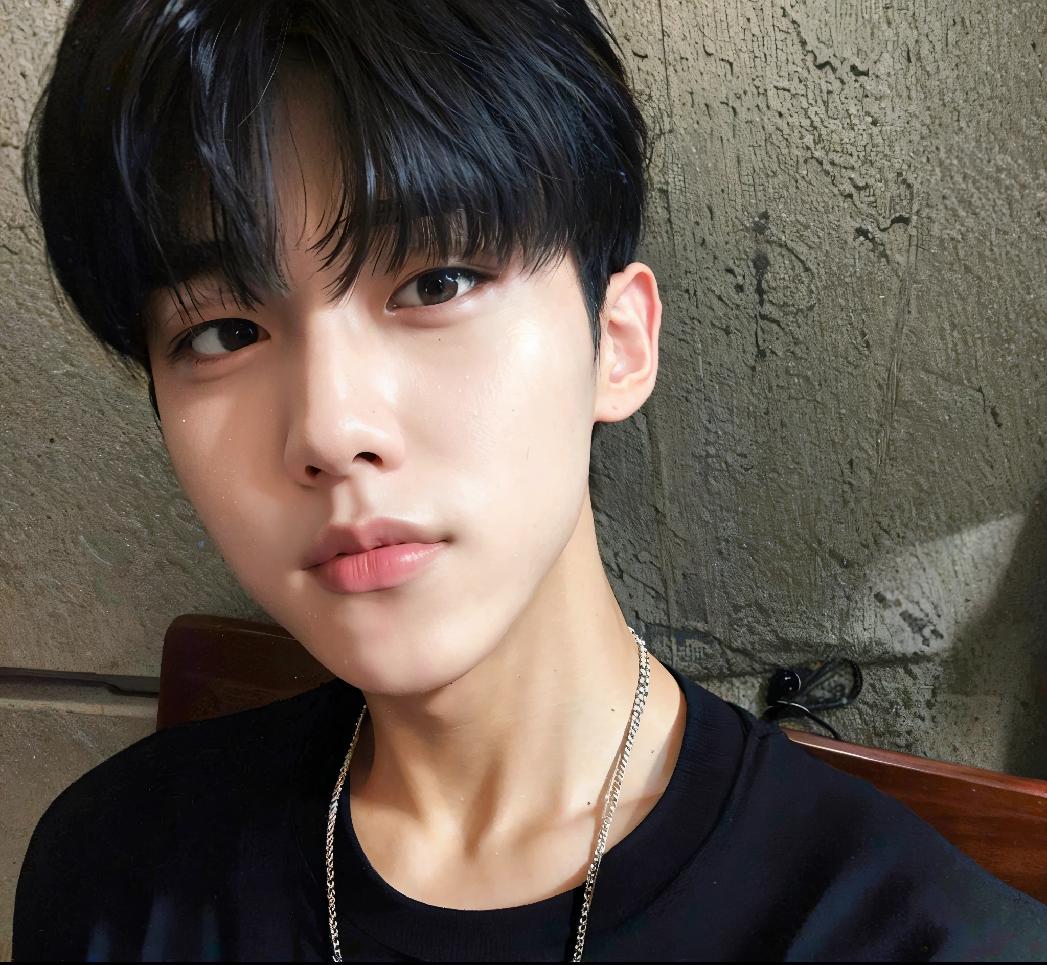 wearing a blacked shirt、Arafad man with a chain around his neck, cai xukun, 1 7-year-old boy’s face slimming, Cute Korean face, Kim Do-young, jinyoung shin, Paint Urzan, Korean male, Short black hair for boys, inspired by jeonseok lee, Hentai, yanjun chengt, sakimicchan