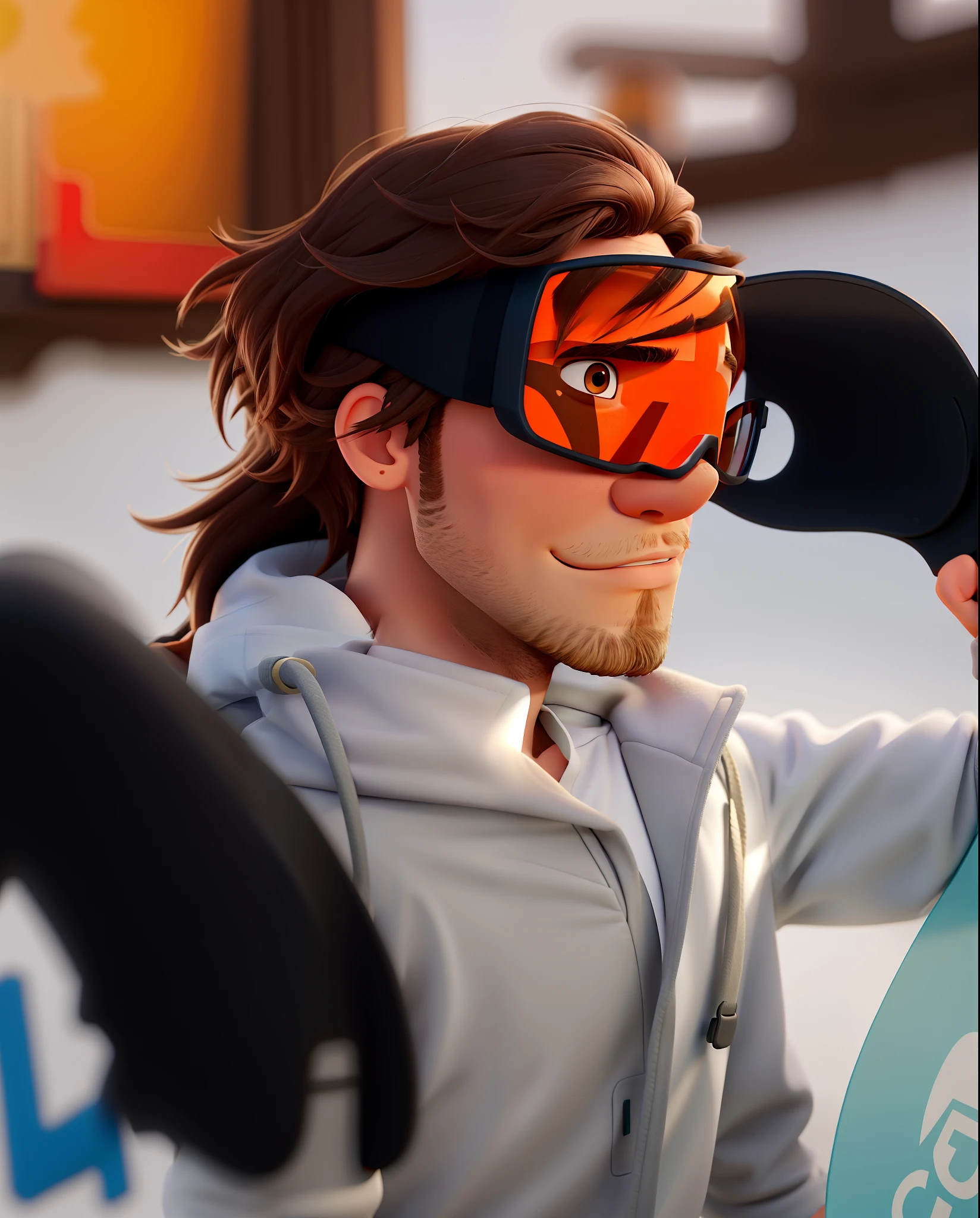 Create for me a man with medium hair, not too long, he is wearing and holding Snowboard Goggles, he is also wearing more or less white clothing, create for me the character in the shape of the Disney universe, sand with good quality