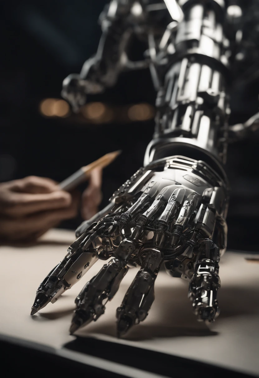 Envision an intriguing image where the subject is a beautiful robotic hand holding a pencil, captured with an exquisite focus on intricate details and a shallow depth of field. Dive into extreme micro-details to emphasize the mechanical intricacies of the hand, the sleek surfaces, and the futuristic design, all while highlighting the delicate grasp of the pencil.
Highlight the micro-details of the robotic hand, capturing the precision in its construction, the reflective surfaces, and the subtle variations in texture that define its futuristic aesthetics. Zoom in on elements like the play of light on metallic surfaces, the intricate joints, and the small details that contribute to the hand's technological allure.
Emphasize the shallow depth of field to bring the robotic hand and the pencil into sharp focus, allowing the futuristic background to blur. This technique draws attention to the advanced details of both the hand and the pencil, creating a visually striking composition that blends technology and creativity.
Consider the lighting to enhance the micro-details, using futuristic lighting sources to create a dynamic and visually appealing scene. Illuminate the robotic hand and the pencil with a mix of ambient and artificial light, casting shadows that add depth and accentuate the futuristic elements.
Imagine the robotic hand delicately holding the pencil in a pose that conveys both precision and artistic intent. Craft an intimate yet high-tech scene that not only captures the micro-details of the robotic hand but also evokes a sense of innovation, sophistication, and the seamless integration of technology and creativity.
This detailed prompt aims to inspire the creation of a highly detailed and macro-focused image featuring a beautiful robotic hand holding a pencil, with intricate details and a shallow depth of field against a futuristic background, creating a visually compelling composition that blends technology and artistic expression.