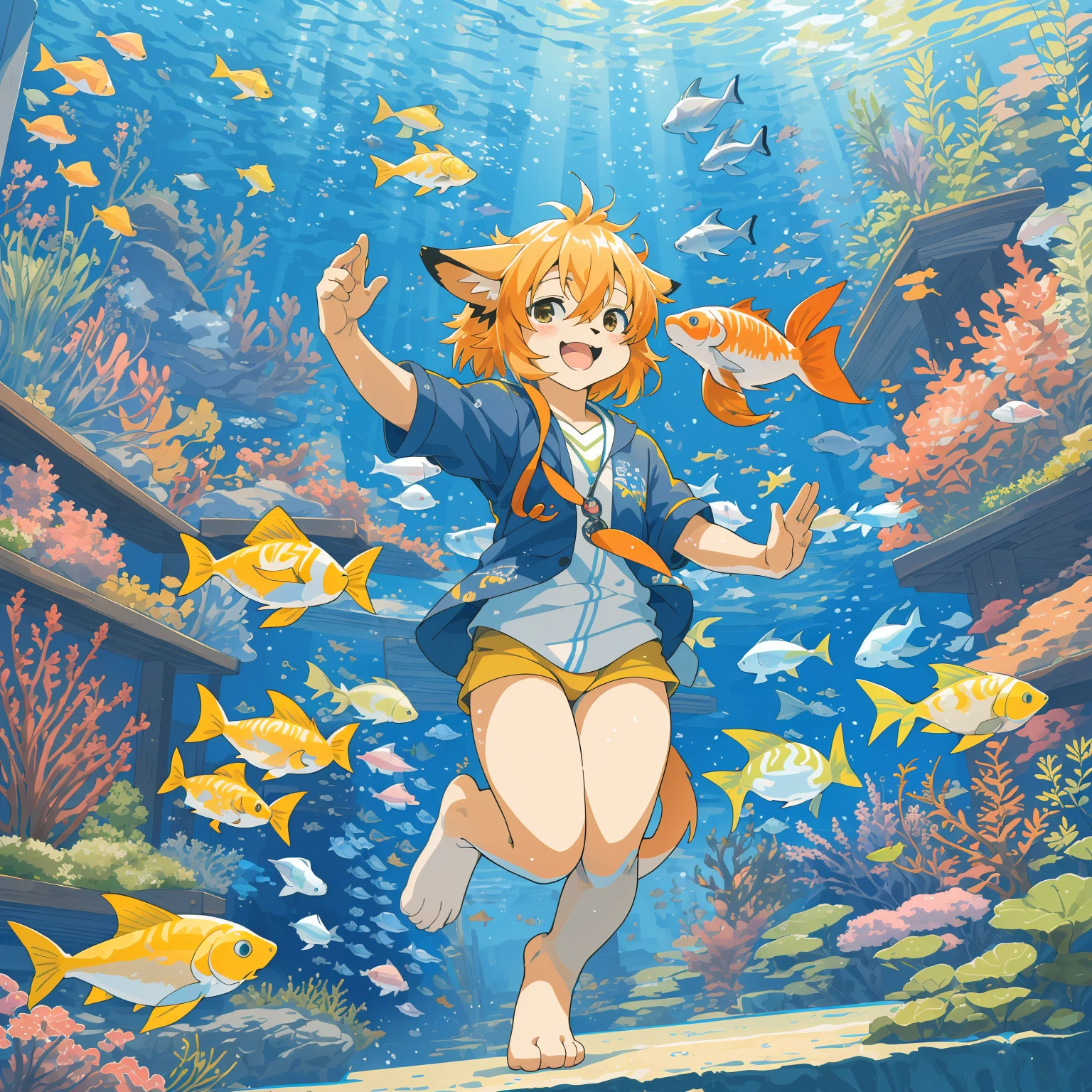cover page, anime key visual, highres, top quality, best quality, paid reward available, High-quality illustrations, unparalleled masterpiece, perfect artwork, absurdres, super high resolution, detailed background, An aquarium where colorful fish swim, 6+boys, 6+girls, Happy, joyful(Photos of solo travelers)(kemono, furry anthro),