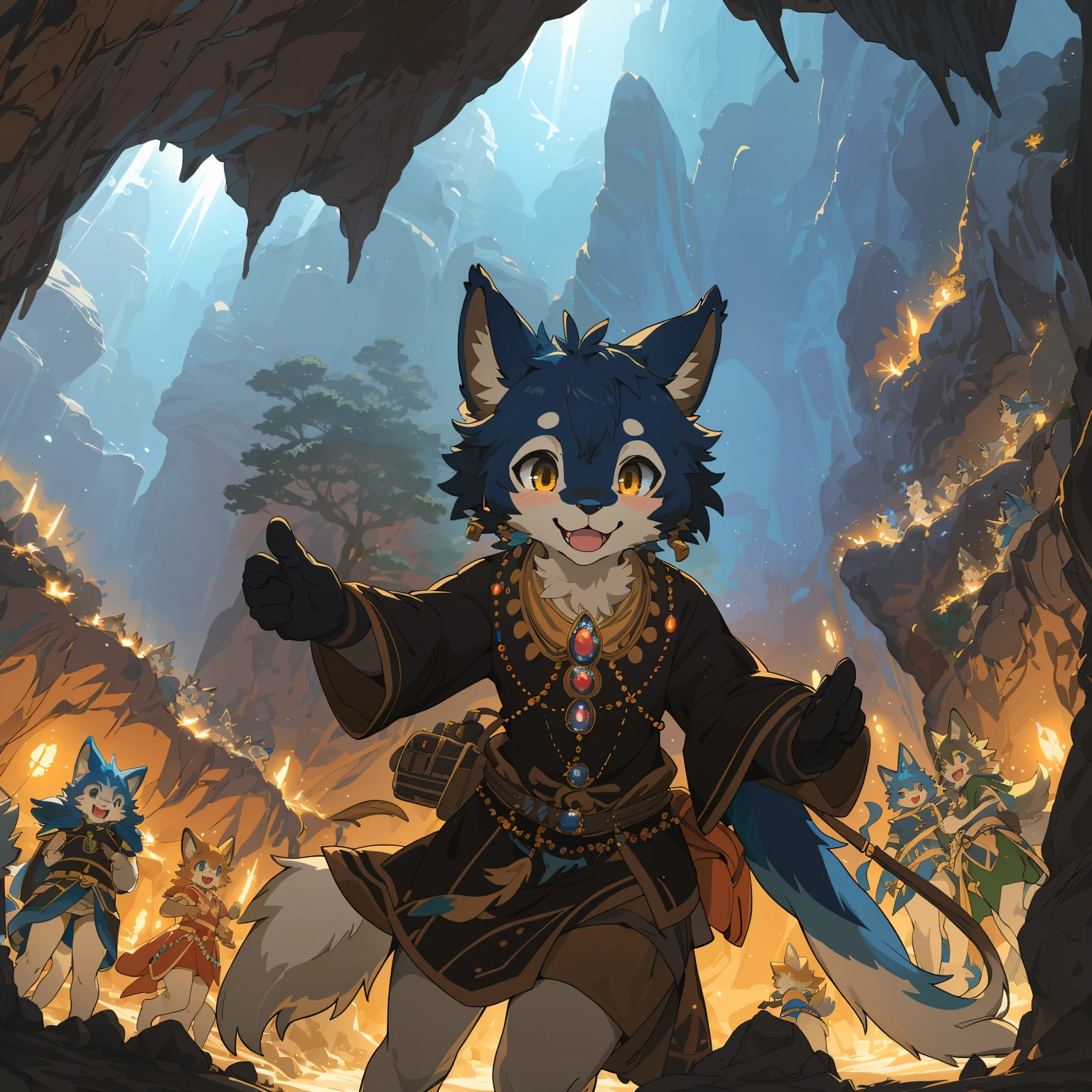 cover_page, highres, top quality, best quality, paid reward available, High-quality illustrations, unparalleled masterpiece, perfect artwork, absurdres, super high resolution, detailed background, A cave where jewels are clustered, 6+boys, 6+girls, Happy, joyful(Photos of solo travelers)(kemono, furry anthro)cinematic lighting, dynamic angle,
