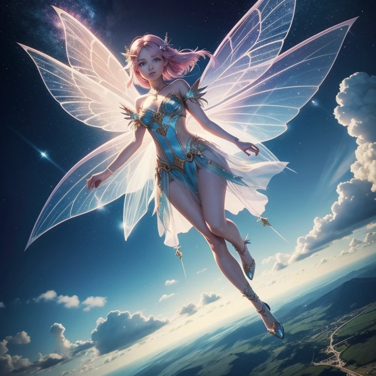 Pink hair fairy wearing lilac outfit flying in a rainy sky with lightning