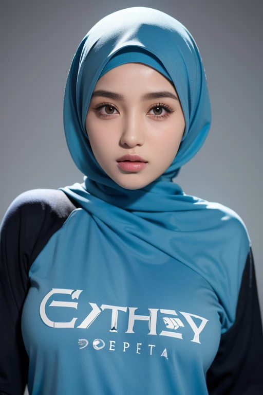 girl, hijab, beautiful, wearing Manchester City t-shirt, big breasts, UHD, masterpiece, anatomically correct, textured skin, super detail, high details, high quality, best quality, HD, 16k