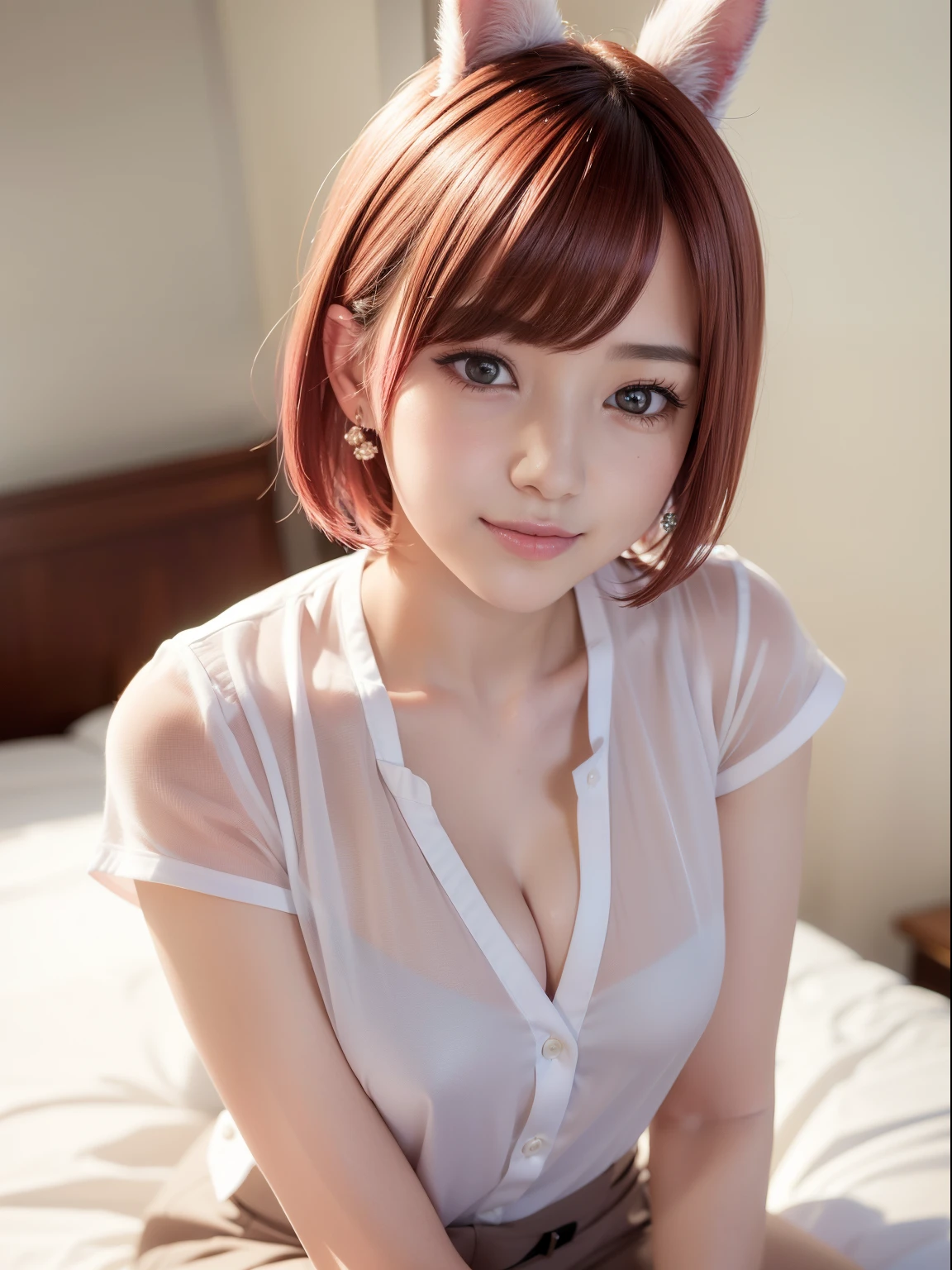 Pink short cut hair,Night Hotel、girl、cleavage of the breast、A glimpse of your chest、(8K, top-quality, masterpiece:1.2), (realisitic, Photorealsitic:1.37), ultra-detailliert, 1 girl in, full body Esbian, Hotel Rooms, (Adjusted hair:1.5) Officelady, Black Office Blazer, Office Skirt, white shirt、(panthyhose: 1.2)、(Short button-down shirt:1.2)、Button Up Color Prim、Button Down Color Prim、bura、(panthyhose:1.2)、Alpha Layer、high-heels、earring beautiful、cute little、独奏、Beautiful detailed sky、(A smile:1.15)、(Mouth closed)、tiny chest、Eyes in Beautiful Details、business black attire、(short-hair:1.2)、Floating Hair NovaFrogStyle、Hotel Bed、masuter piece、Pink Shortcut Bob、Realistic rabbit ears、Pink realistic rabbit ears、Realistic ears of rabbits sticking out of the head、Pink hair、Beautiful girl in her 20s、Bewitching atmosphere、Beautiful shaped hands、K-POP、Pink rabbit ears、1 girl in、独奏、masterpiece、top-quality、realisitic、Hyper-detailing、absurderes、short pink hair、Slender beauties、动态照明、hight resolution、foco nítido、depth of fields、(thick thight:1.0)、A slender :1.2,((Short-cut bob hair))、((k pop:1.3)),Highly detailed facial and skin texture、((魅惑的)),Anatomically correct number of fingers,Correct anatomy
