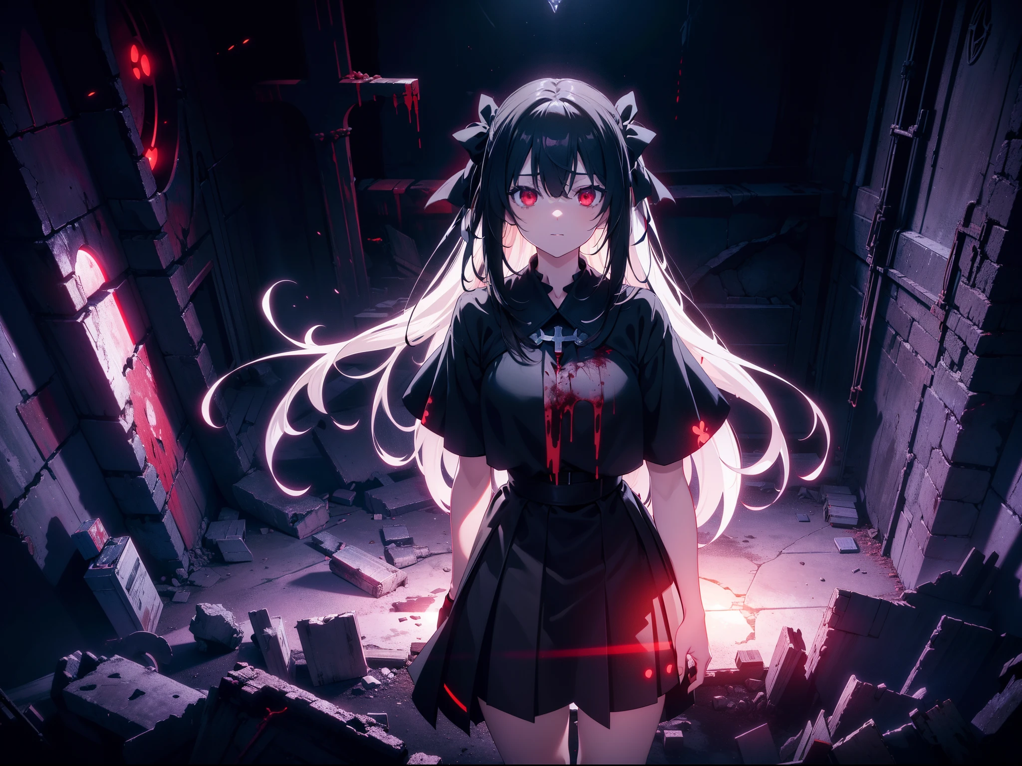 1 loli girl ,(big Stigmata) , in ruined church , (floating hair, floating skirt), ((blood sea)), character focus, ((black light)),((dark lighting)), cinematic lighting ,(darkness), (concept art), ((rape face)) ,black long straight hair, black hair, hair ribbon , red eyes,black dress, (glowing eyes), high resolution,(incredibly absurdres) ,extremely detailed CG unity 8k wallpaper, ((masterpiece)), ((top-quality)), (beautiful illustration), ((an extremely delicate and beautiful))