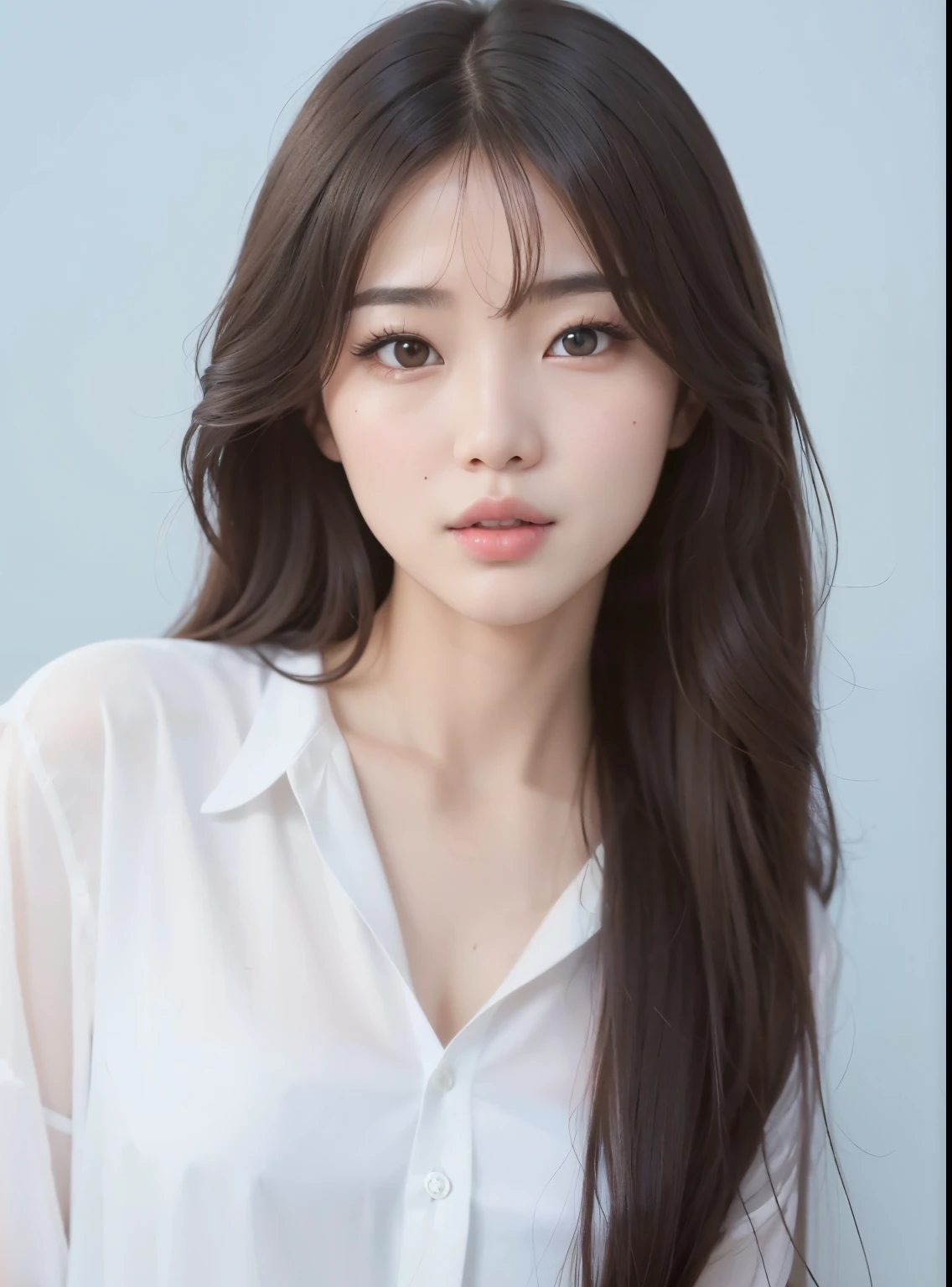 uma mulher com cabelos longos vestindo uma camisa branca e uma camisa branca, Mulher sul-coreana bonita, menina coreana, young adorable korean face, mulher coreana jovem bonita, Atriz coreana bonito, linda mulher coreana jovem, Ulzzang, Jaeyeon Nam, maquiagem coreana popular, korean symmetrical face, wan adorable korean face, Lee Ji-eun, Lee Ji - Eun