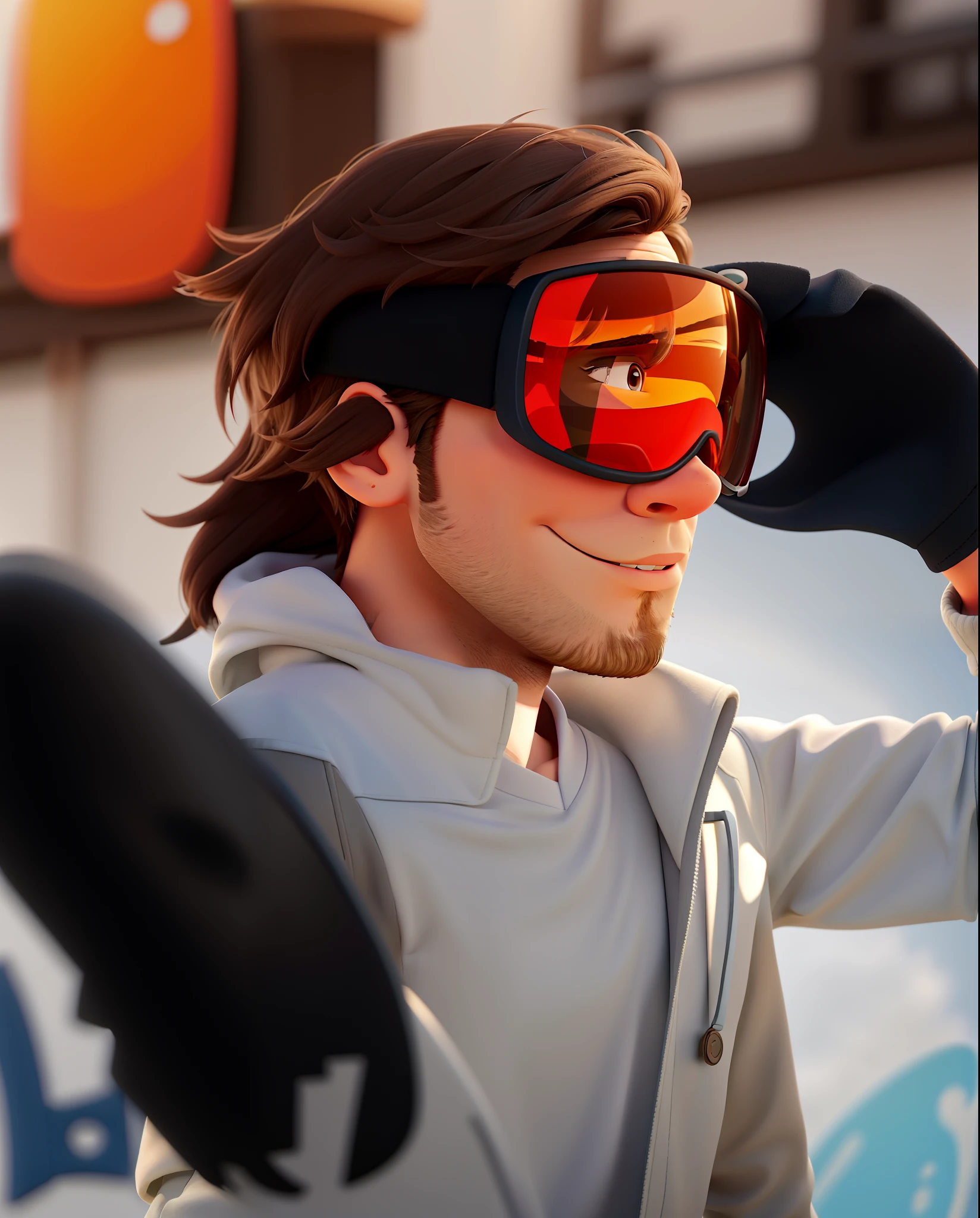 Create for me a man with medium hair, not too long, he is wearing and holding Snowboard Goggles, he is also wearing more or less white clothing, create for me the character in the shape of the Disney universe, sand with good quality