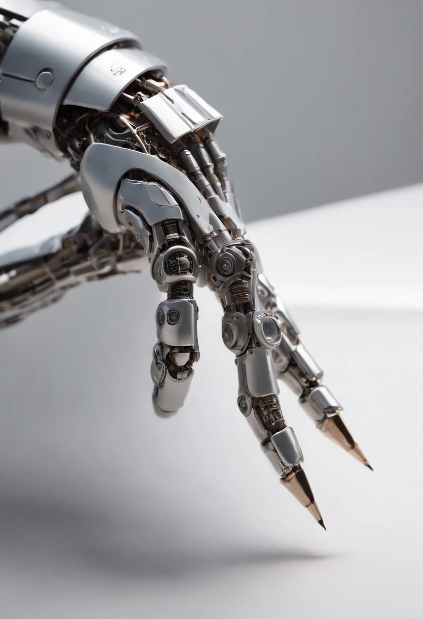 Envision an intriguing image where the subject is a beautiful robotic hand holding a pencil, captured with an exquisite focus on intricate details and a shallow depth of field. Dive into extreme micro-details to emphasize the mechanical intricacies of the hand, the sleek surfaces, and the futuristic design, all while highlighting the delicate grasp of the pencil.

Highlight the micro-details of the robotic hand, capturing the precision in its construction, the reflective surfaces, and the subtle variations in texture that define its futuristic aesthetics. Zoom in on elements like the play of light on metallic surfaces, the intricate joints, and the small details that contribute to the hand's technological allure.

Emphasize the shallow depth of field to bring the robotic hand and the pencil into sharp focus, allowing the futuristic background to blur. This technique draws attention to the advanced details of both the hand and the pencil, creating a visually striking composition that blends technology and creativity.

Consider the lighting to enhance the micro-details, using futuristic lighting sources to create a dynamic and visually appealing scene. Illuminate the robotic hand and the pencil with a mix of ambient and artificial light, casting shadows that add depth and accentuate the futuristic elements.

Imagine the robotic hand delicately holding the pencil in a pose that conveys both precision and artistic intent. Craft an intimate yet high-tech scene that not only captures the micro-details of the robotic hand but also evokes a sense of innovation, sophistication, and the seamless integration of technology and creativity.

This detailed prompt aims to inspire the creation of a highly detailed and macro-focused image featuring a beautiful robotic hand holding a pencil, with intricate details and a shallow depth of field against a futuristic background, creating a visually compelling composition that blends technology and artistic expression.