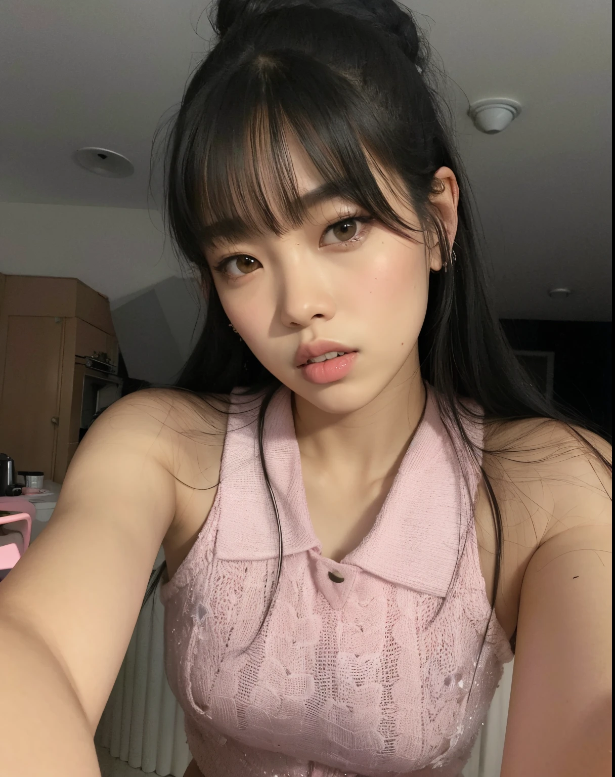 Araffe Asian woman with long black hair wearing a pink shirt, Lalisa Manobal, Lalisa Manoban de Blackpink, Blackpink Jennie, con flequillo, con flequillo completo, Parque Roseanne de Blackpink, Ella tiene el pelo negro con flequillo, Flequillo partido en el centro, flequillo esponjoso, Jossi de Blackpink, Retrato de Jossi de Blackpink