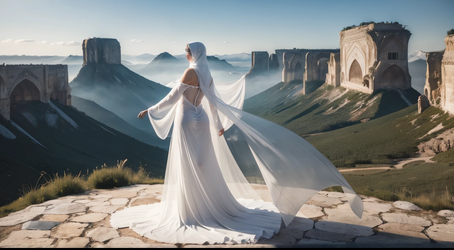 ((NSFW)), arafed woman in a white dress and veil posing for a picture, concept art inspired by Modest Urgell, tumblr, renaissance, flowing magical flesh robe, muslim fashion model, flowing white robes, white hijab, (exposed pussy:1.5), long flowing white robe, wearing translucent sheet, muslim outfit, draped in transparent cloth, translucent dress, covered in transparent cloth, fully covered in translucent muslim outfit, ((magnificentlandscape background:1.3))