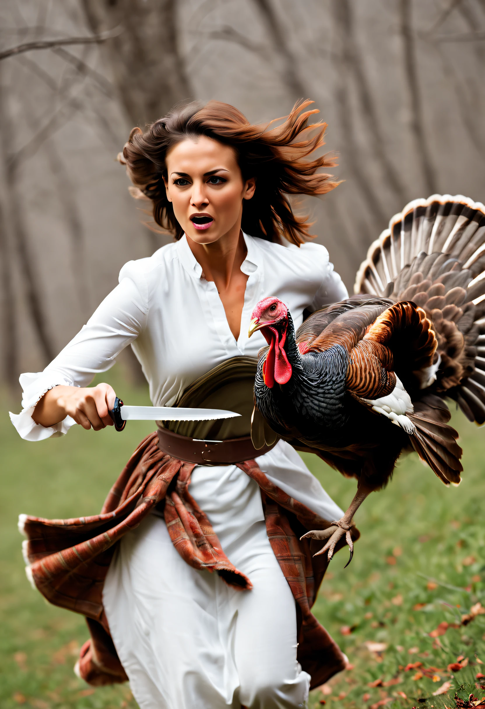 Beautiful woman chases turkey with knife,