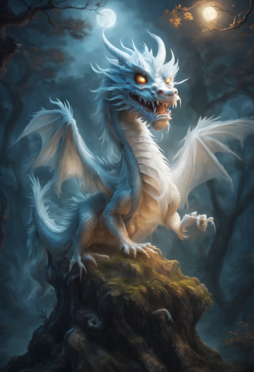 (((ghost Chinese Dragon ))) cute air creature, sitting on a stump in the night forest, moon light,Magic in the air,Serene and peaceful atmosphere,A hint of fog in the distance,Fabulous quality,endless photorealistic details