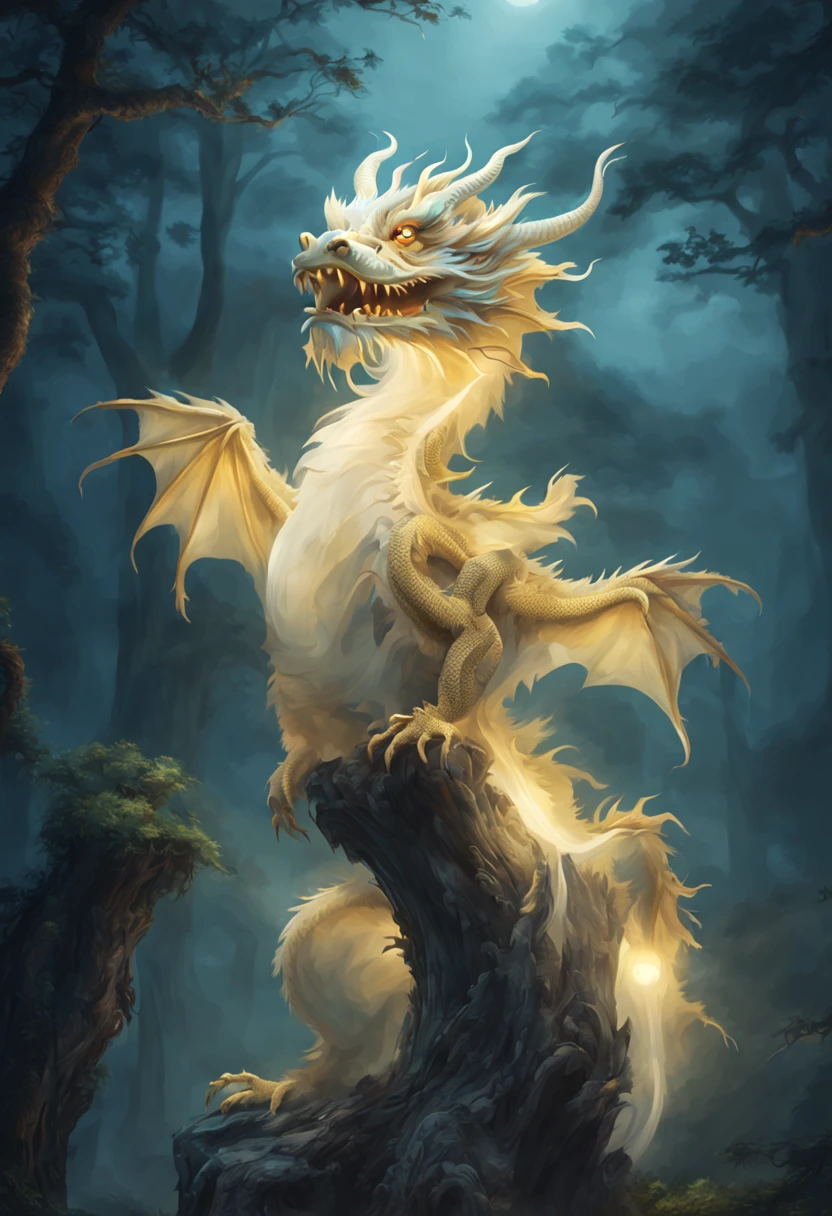 (((ghost Chinese Dragon ))) cute air creature, sitting on a stump in the night forest, moon light,Magic in the air,Serene and peaceful atmosphere,A hint of fog in the distance,Fabulous quality,endless photorealistic details