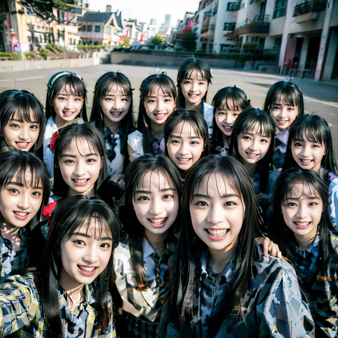 a picture、(((multiple girls))),((((6+girls))))、((10 girls))、The same face、matching school uniform、12 years old、Long black hair、10 cute girls、a smile、Selfie stick、‎Classroom、Raw photo、same person、Doppelganger、(group portraits)、a junior high school student