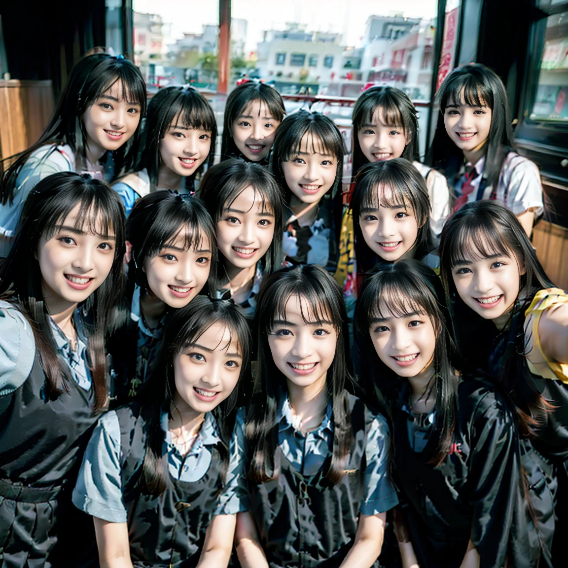 a picture、(((multiple girls))),((((6+girls))))、((10 girls))、The same face、matching school uniform、、Long black hair、10 cute girls、a smile、Selfie stick、Classroom、Raw photo、same person、Doppelganger、(group portraits)、a junior high student