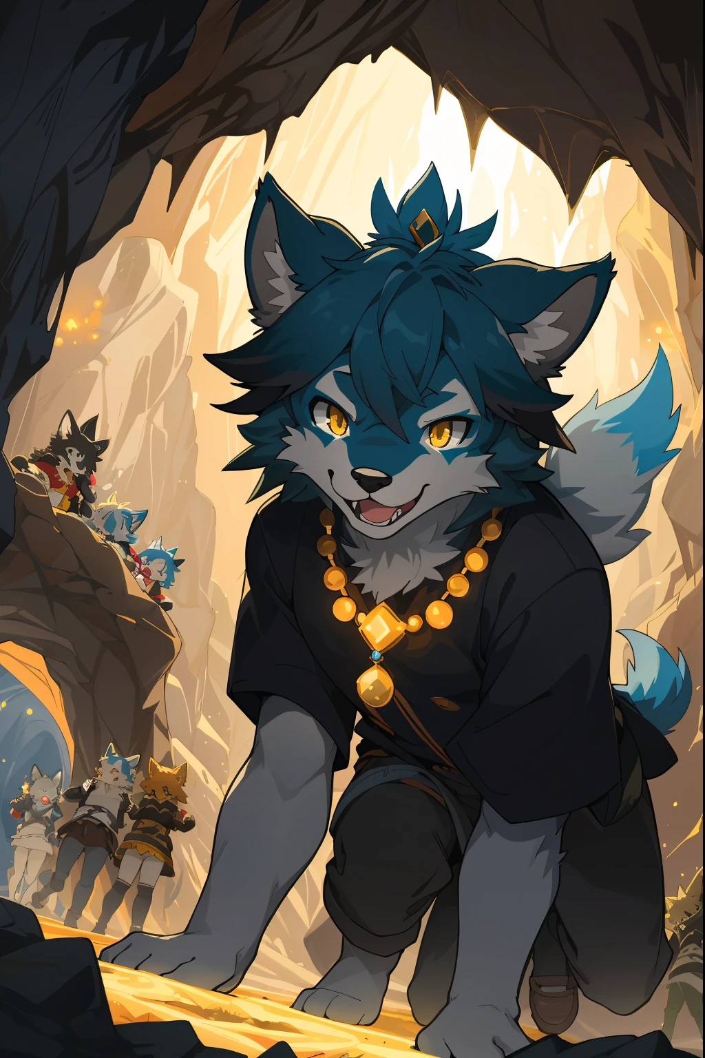 cover_page, highres, top quality, best quality, paid reward available, High-quality illustrations, unparalleled masterpiece, perfect artwork, absurdres, super high resolution, detailed background, A cave where jewels are clustered, 6+boys, 6+girls, Happy, joyful(Photos of solo travelers)(kemono, furry anthro)cinematic lighting, dynamic angle,