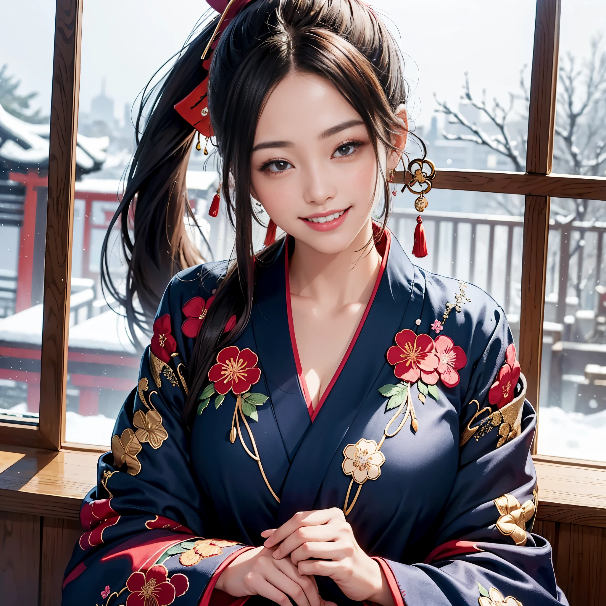 Background of details(Outside the window is the snowy city of Kyoto),BREAK ,elaborate costume(Luxurious Japan kimono(Colorful kimono(detailed embroidery))),BREAK,(one beautiful adult woman(huge smile:1.5)(Japanese actressl)(A dark-haired:1.2(long hair ponytail:1.2)(inner colored(reddish)))(eye glass)),(She has a beautiful hairpin),BREAK,Wallpapers 16K,Blur the background,)(masutepiece,Best Quality,Portrait photos):1.5),face close-up,Zen entanglement