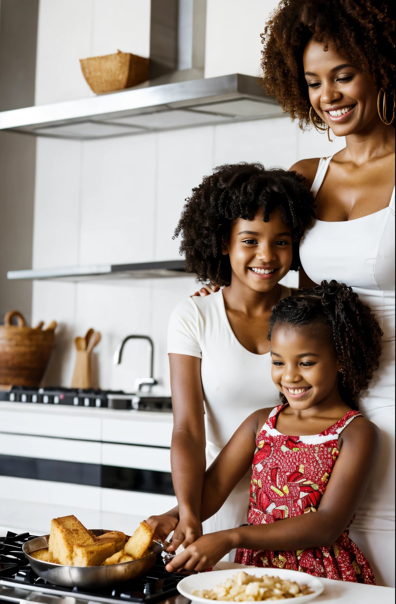 Mother and 11-year-old daughter of African descent, mother and 11 year old daughter, ****** de 11 anos, Com pele negra, mother and curly-haired daughter playing in a luxurious kitchen, The kitchen is all white with red details and accessories.........., as duas usam um avental vermelho sobre a roupa branca e fazem um delicioso bolo de morango com chantily. The mother seems more mature, 40-year-old mother, filhas com 9 anos de idade e 11 anos de idade