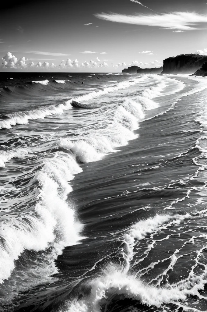 paisagem de praia, ondas e muitas aves, nuvens densas, B&W, estilo desenho com grafite, detalhado, many graphic elements in the image, estilo arte moderna.