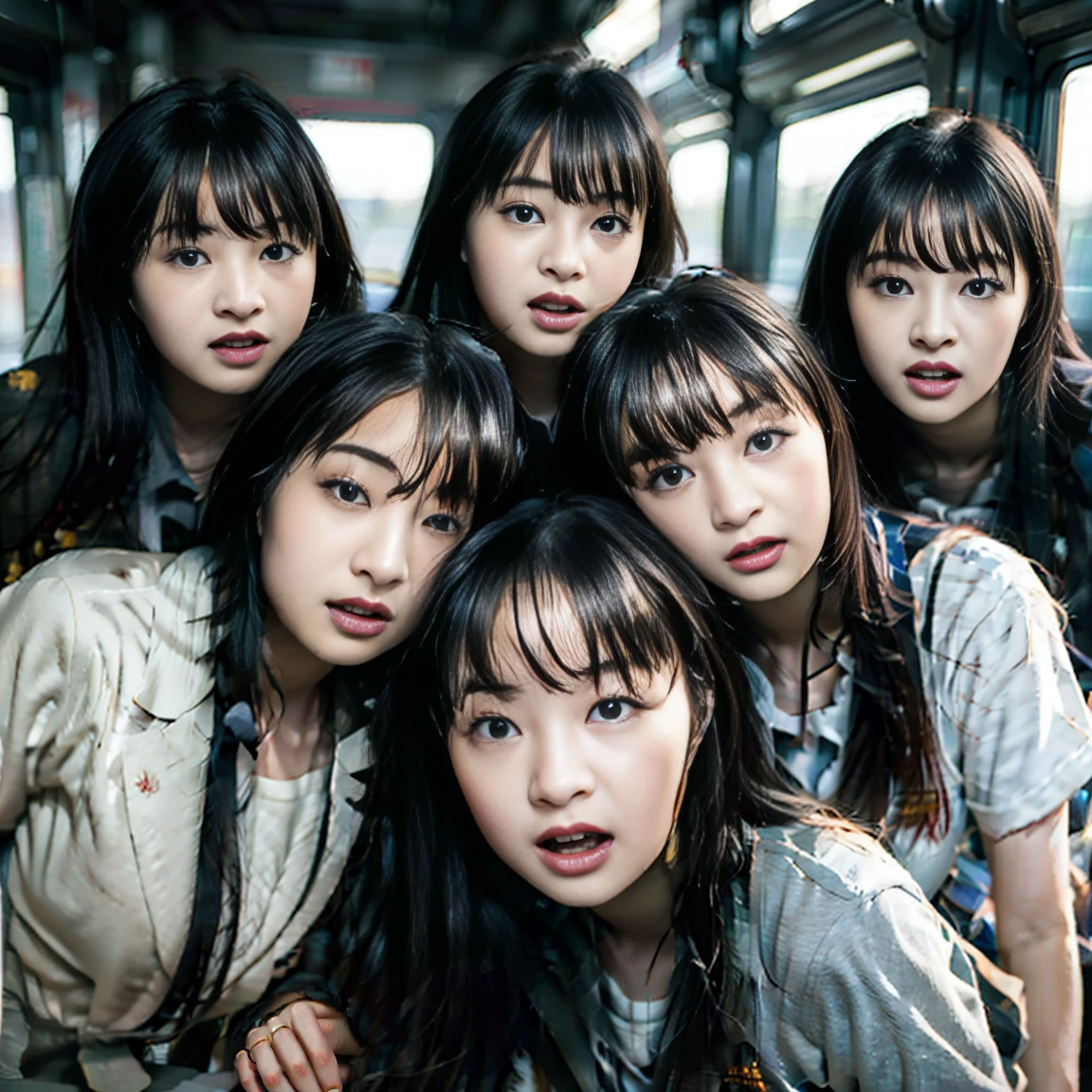 a picture、multiple girls,train、((((Women only))))、lesbian gangbang、Crammed、congestion、Raw photo、School Uniform、shame、hi-school girl、molesting、The same face、same person,non-rotated photo